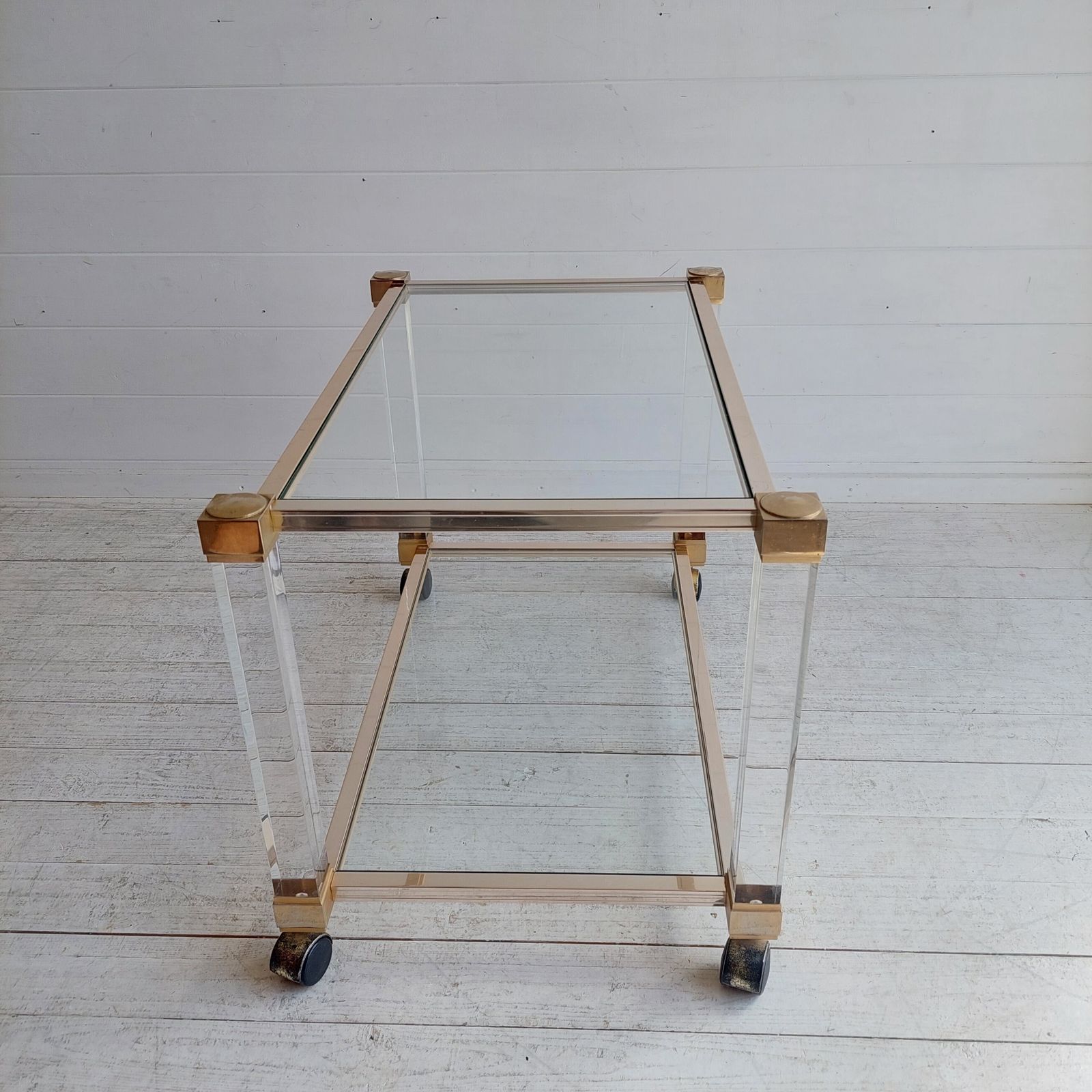 Furniture Mid Century Lucite Glass Brass Coffee Table Trolley Hollywood Regency By Pierre Vandel France  70s photo
