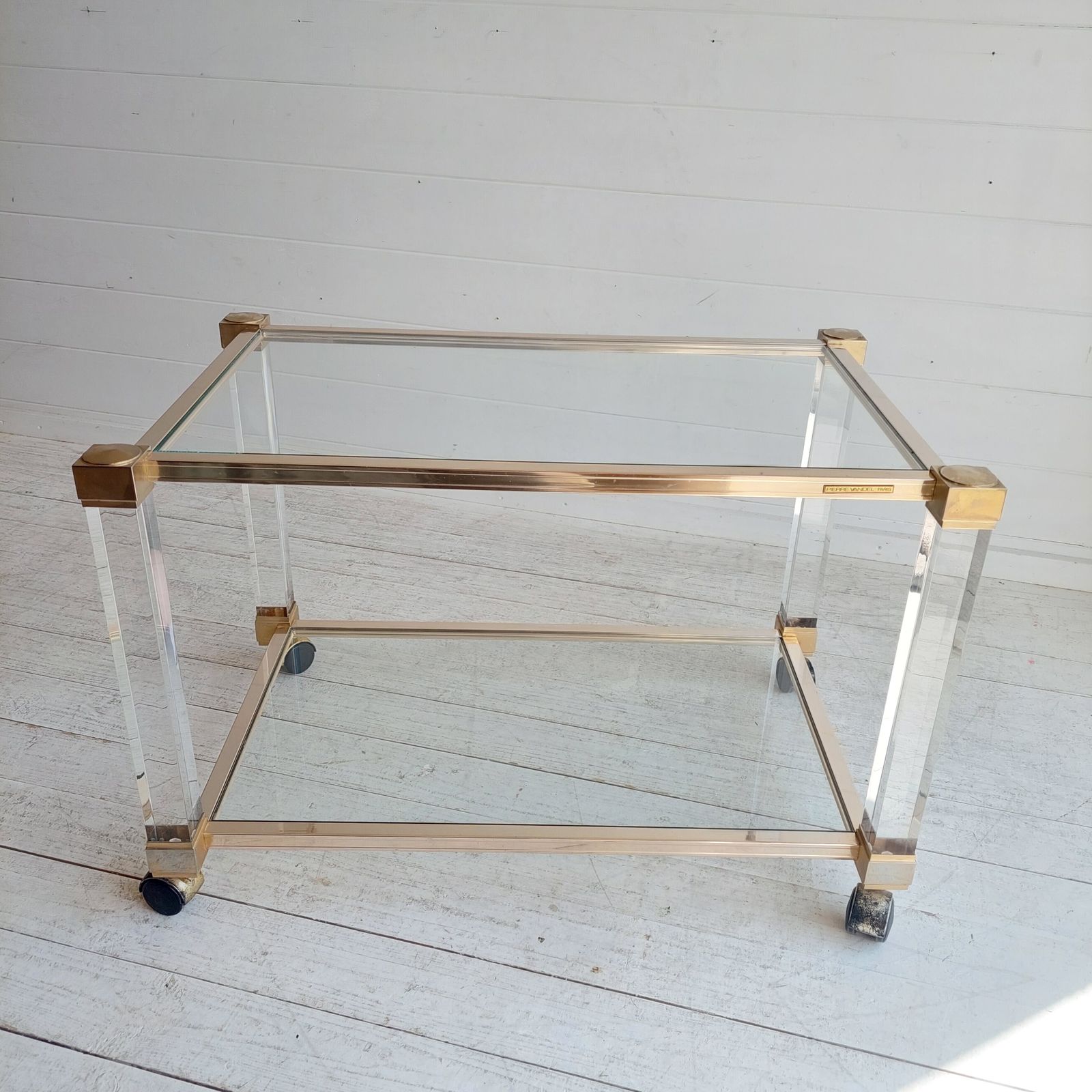 525.0 Mid Century Lucite Glass Brass Coffee Table Trolley Hollywood Regency By Pierre Vandel France  70s photo
