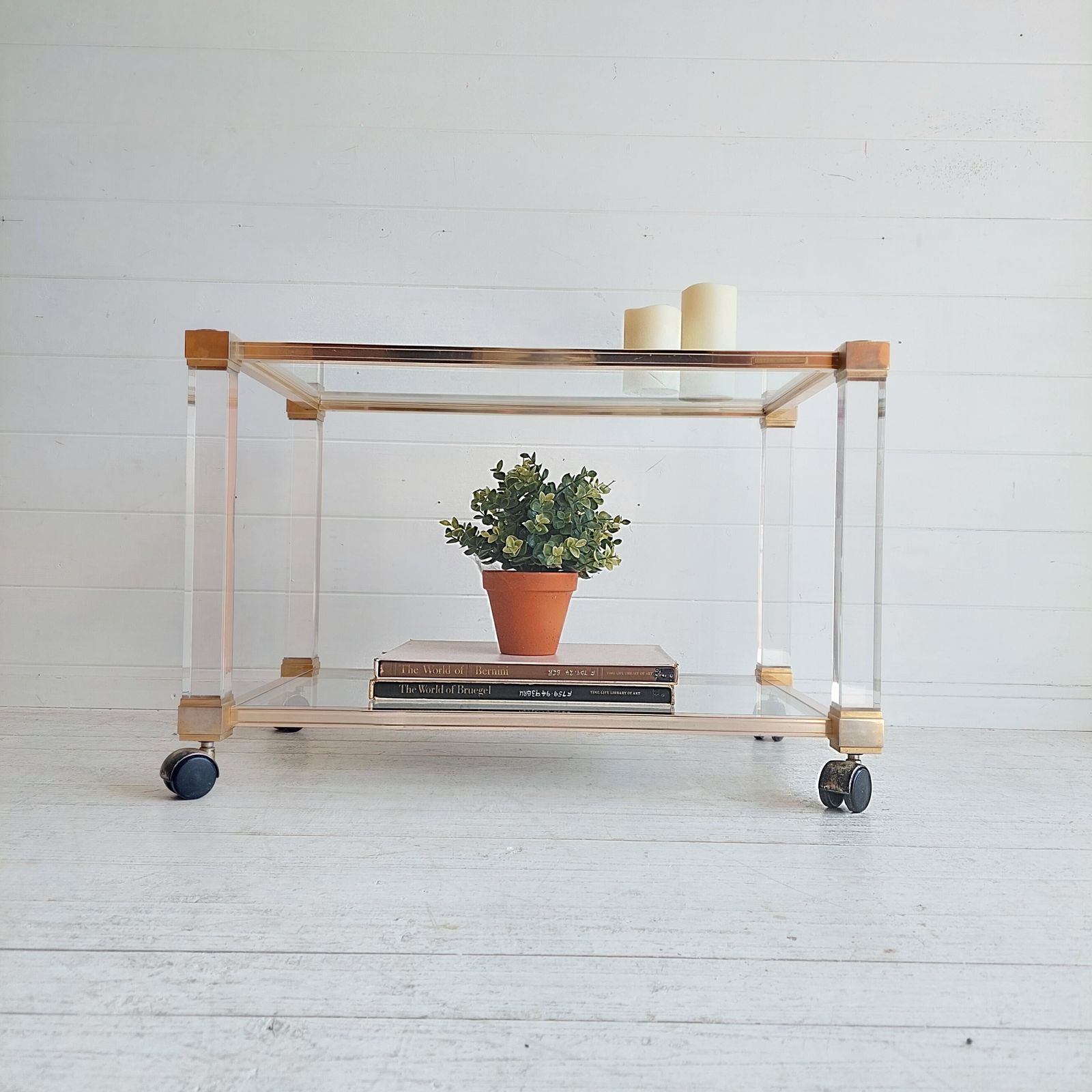 Mid Century Lucite Glass Brass Coffee Table Trolley Hollywood Regency By Pierre Vandel France  70s photo for sale