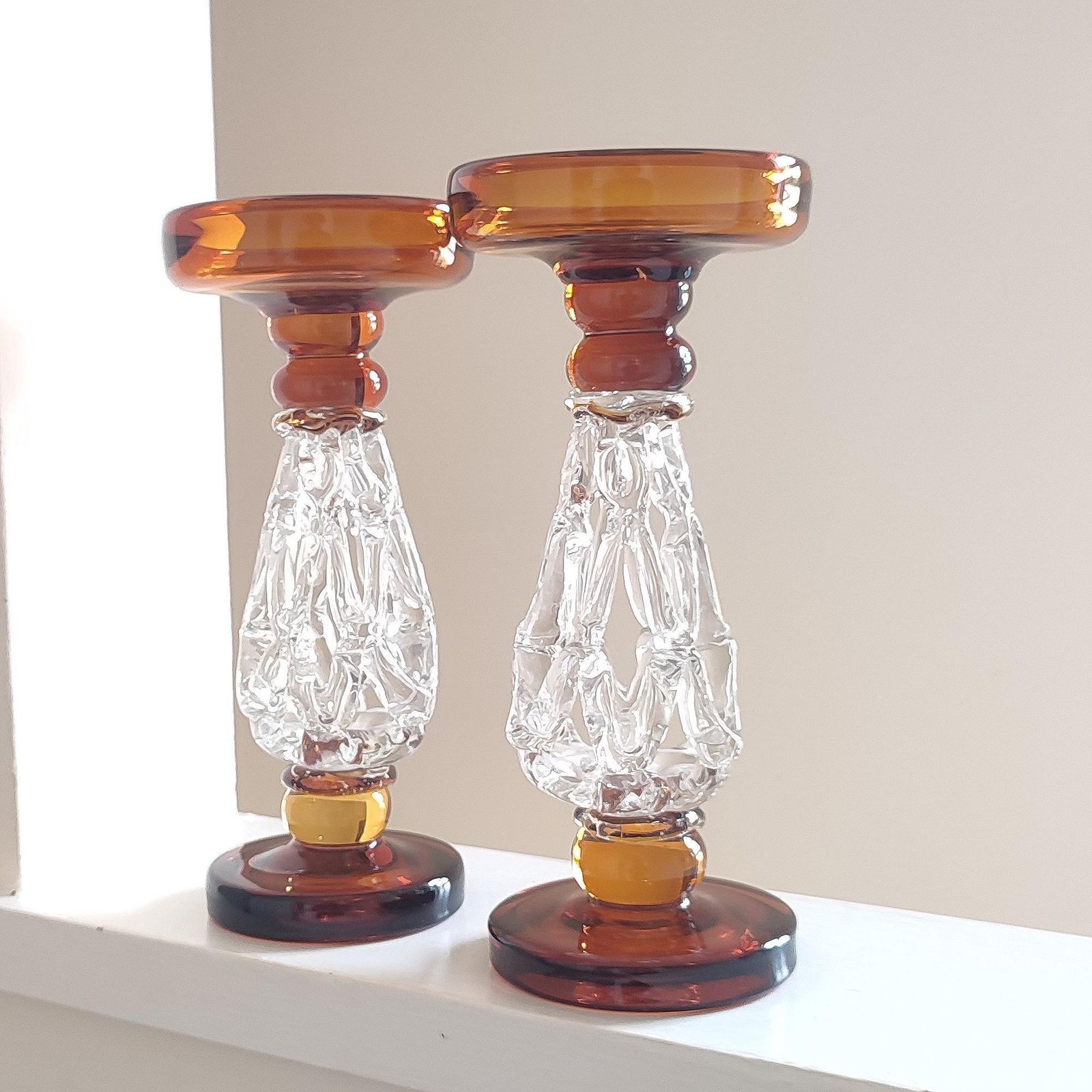 Large Pair 60s Mid Century Modern Amber & Clear Glass Church Candle Holders   Pierced Uprights Vintage Accent Mantle Table Centrepiece 10.5" photo furniture