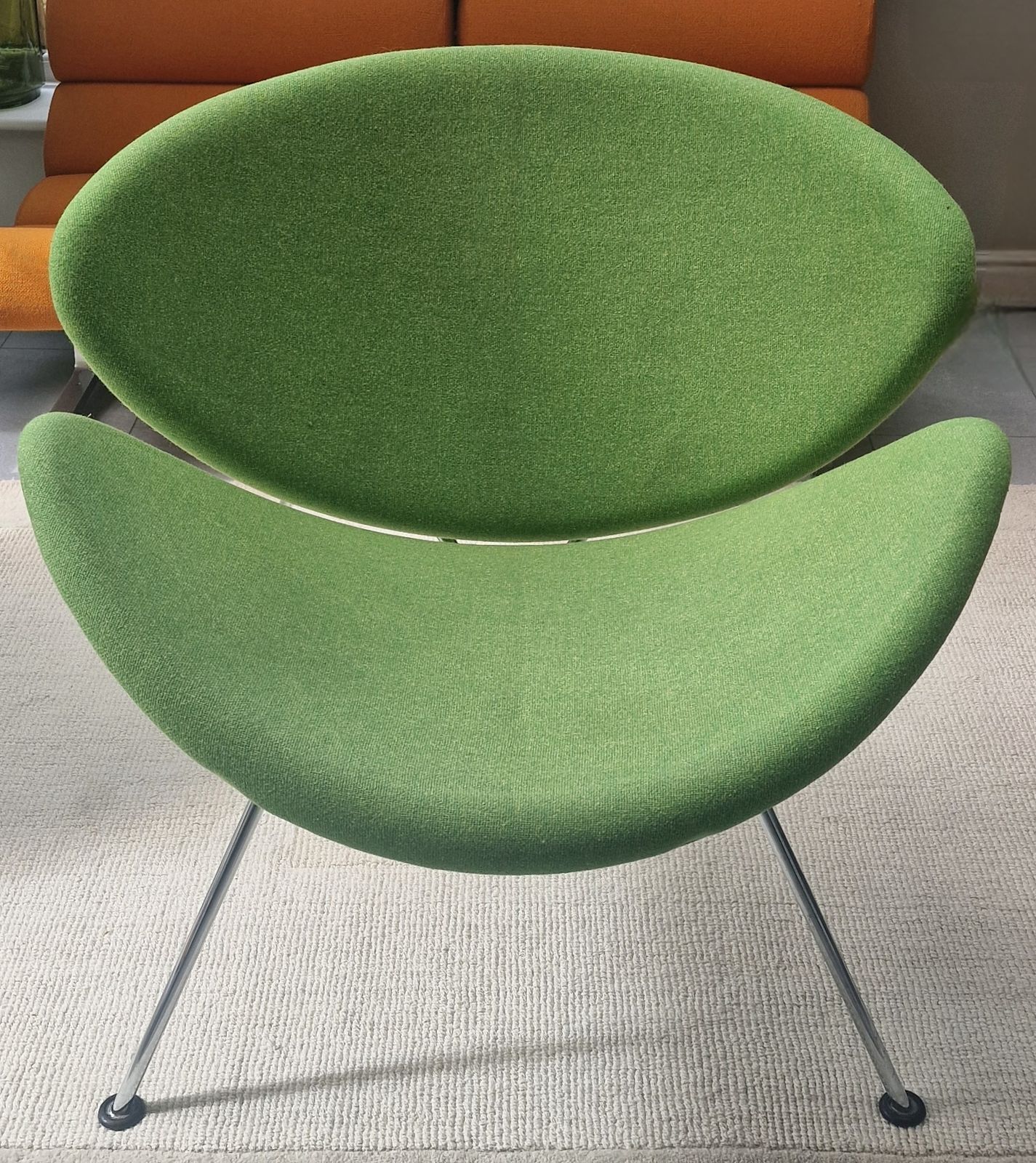 Set Of 4 Early Edition Orange Slice Chair Smodel F437 Pierre Paulin For Artifort In Orignal Green Fabric photo for sale