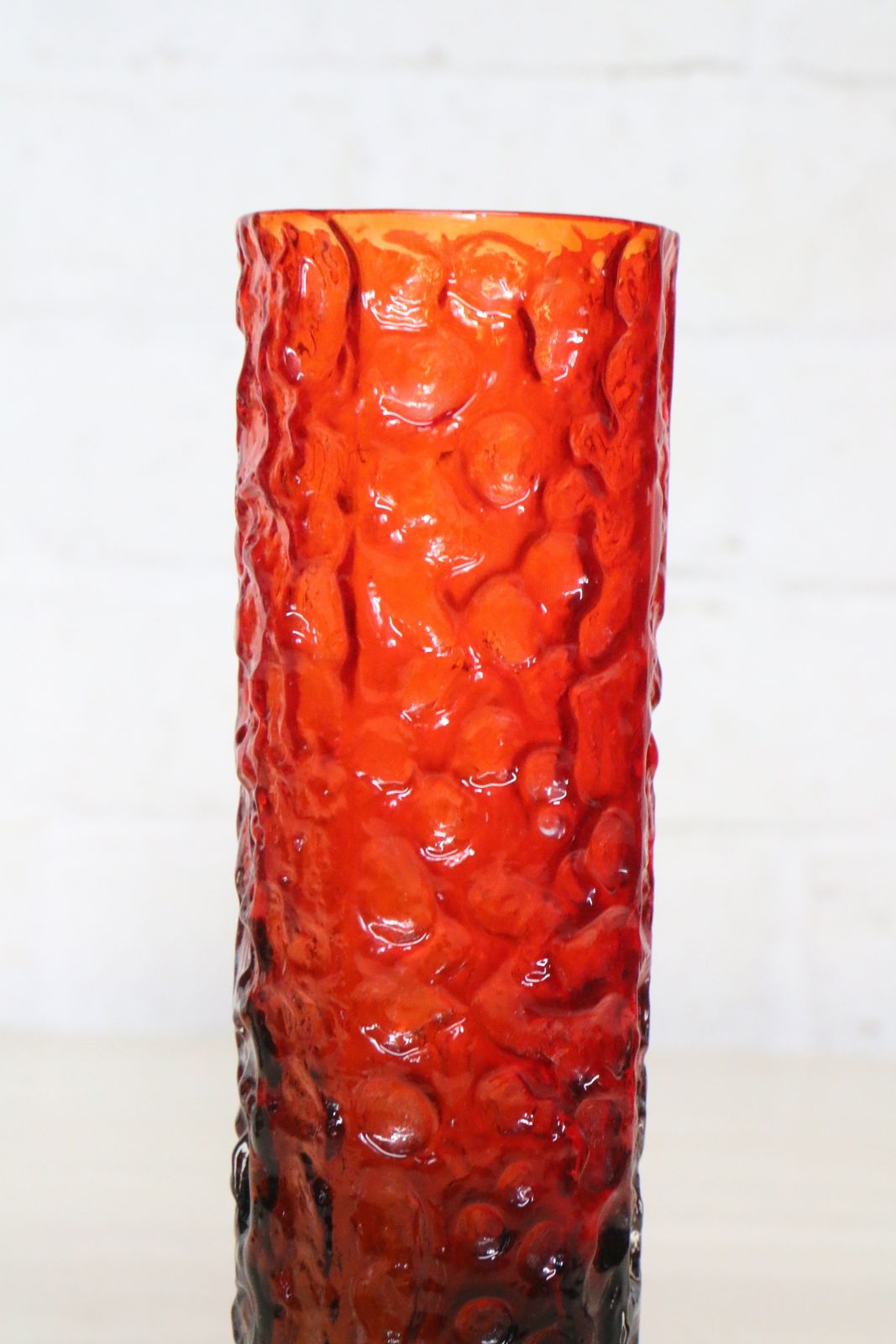 A 1970's Textured Bark Effect Glass Vase In A Dark Red Graduating To Black Japanese Original photo buy