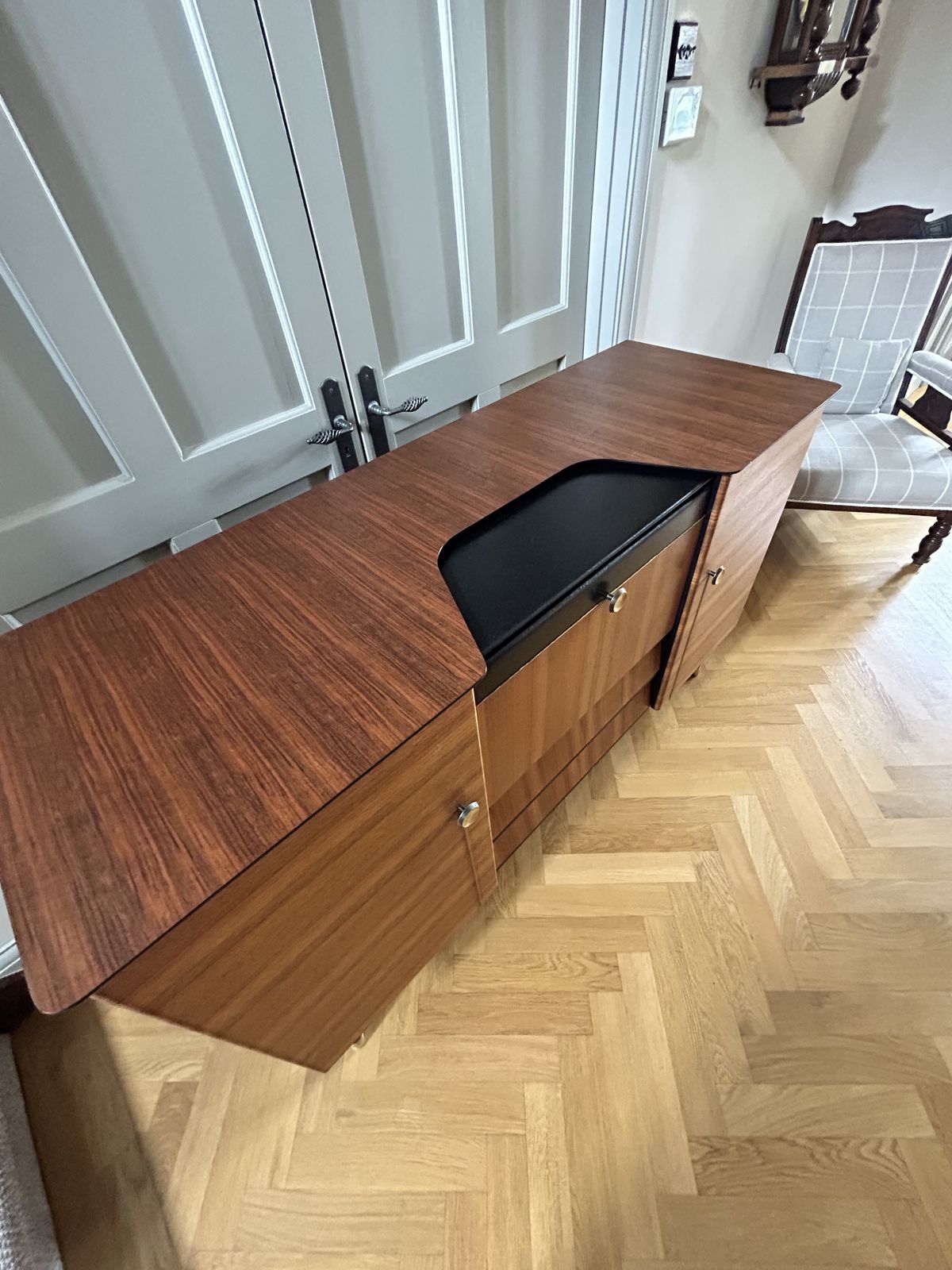 photo furniture Mid Century Beautility Cocktail Cabinet.  Professionally Refurbished, Handpainted Accents.