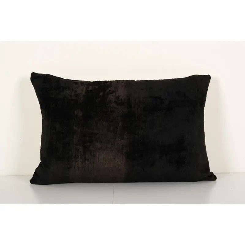 Black Handloom Ikat Pillow, Silk Velvet Lumbar Pillow Cover, Simple Uzbek Ikat