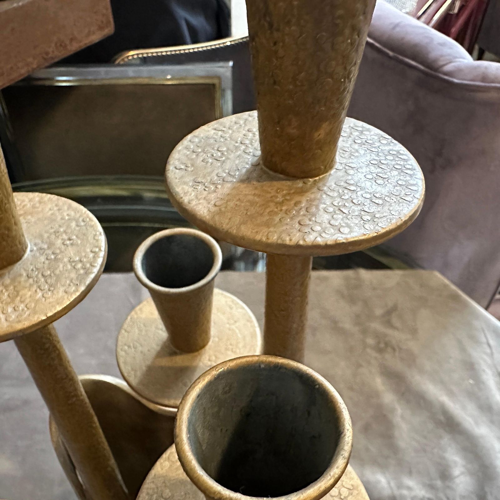 photo for sale 1970s Mid Century Modern Gilded Pewter Sculptured Candelabra By Prof. Ceccherini