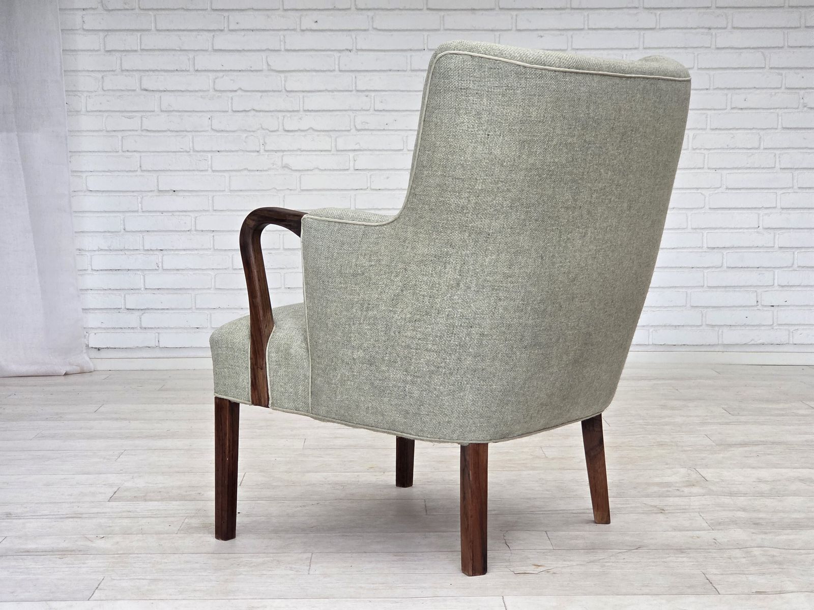 1960s, Danish Armchair, Original Light Grey Furniture Wool, Solid Teak Wood. photo Furniture