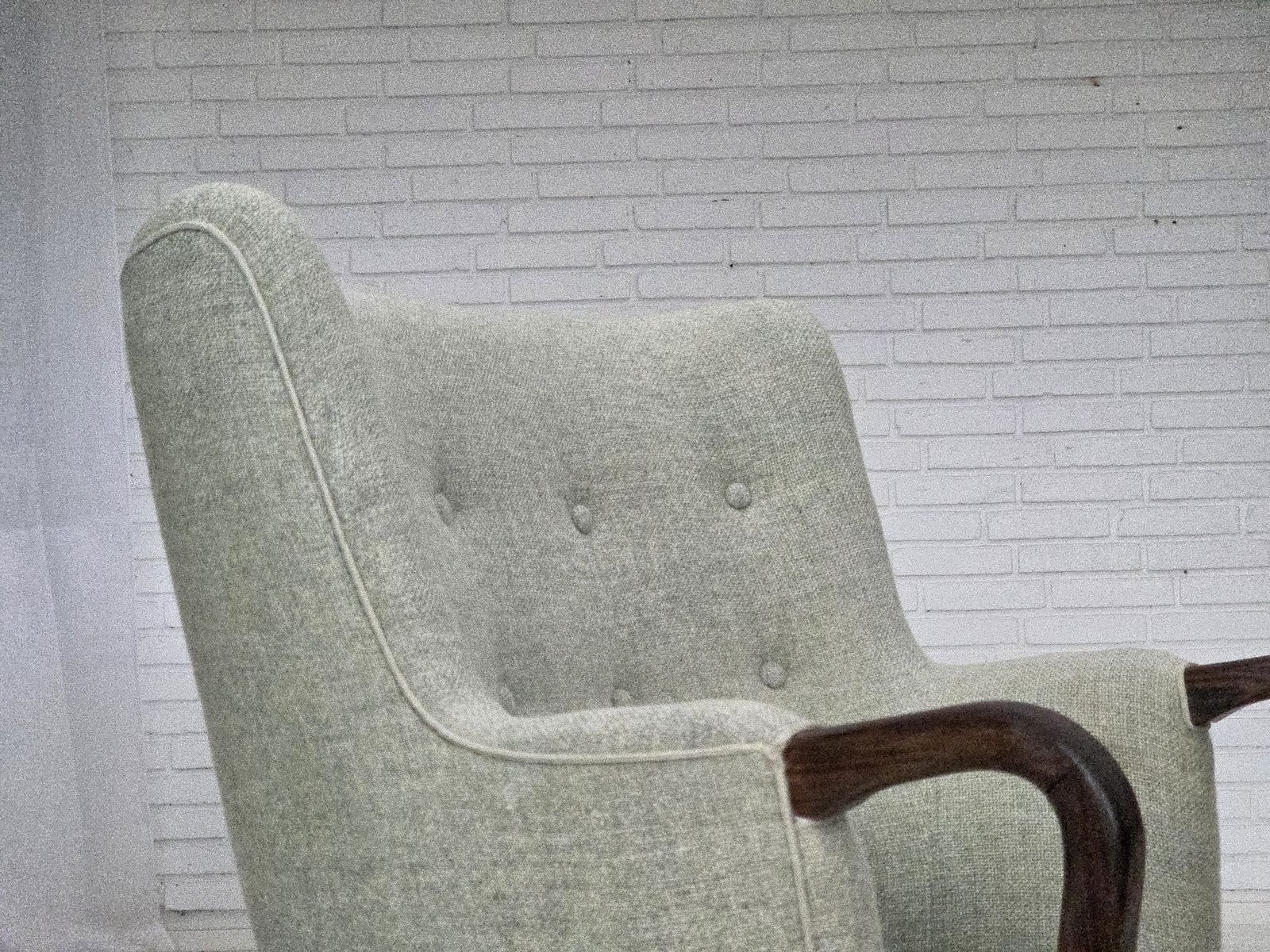 1960s, Danish Armchair, Original Light Grey Furniture Wool, Solid Teak Wood. photo vinterior