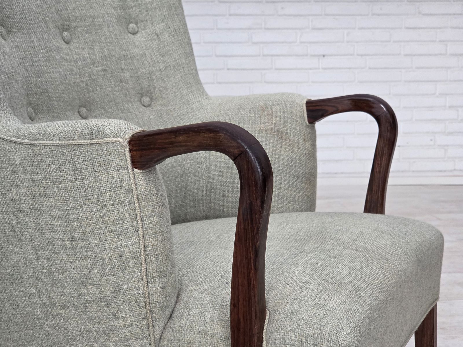 photo furniture 1960s, Danish Armchair, Original Light Grey Furniture Wool, Solid Teak Wood.