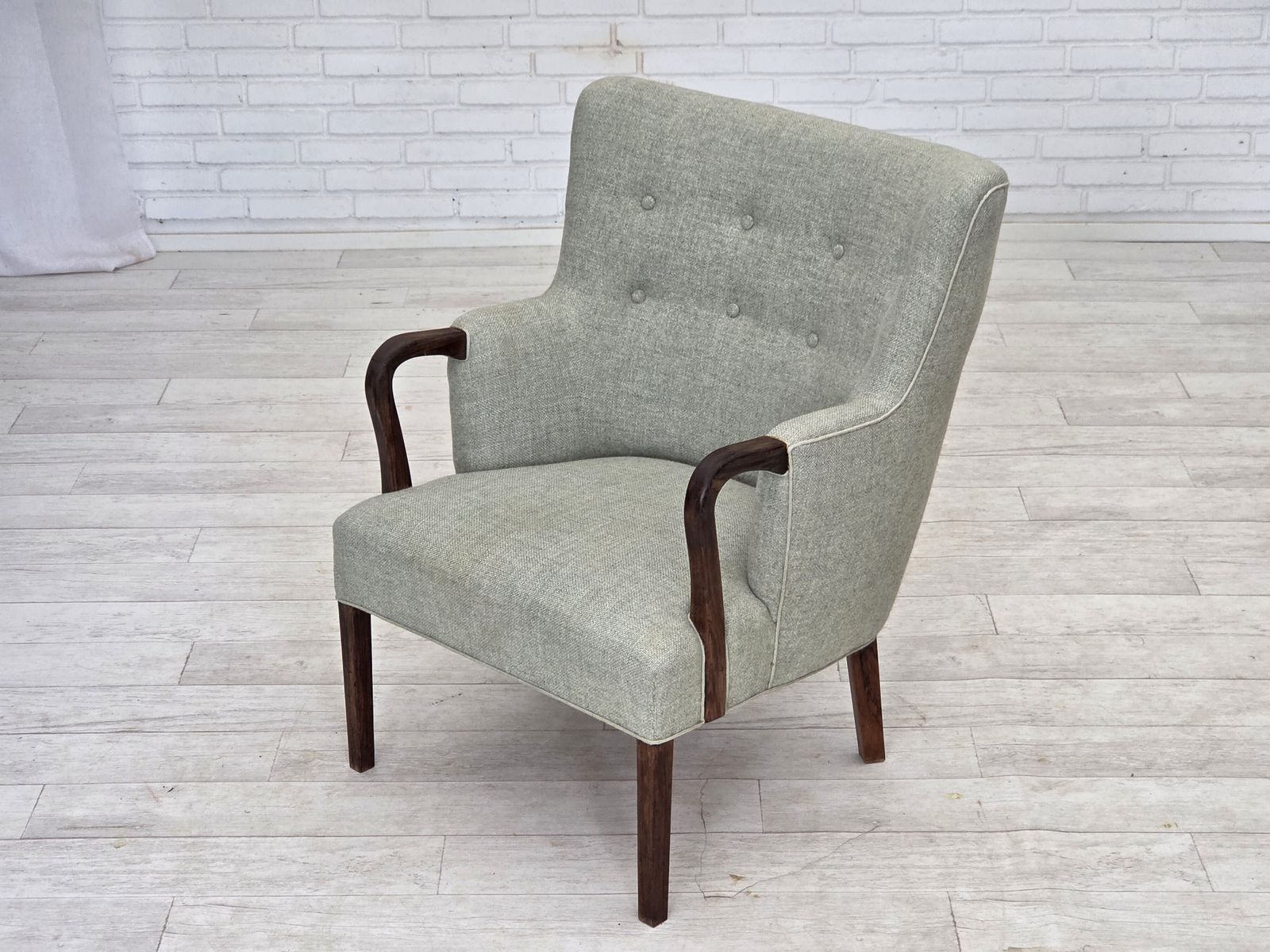 photo buy 1960s, Danish Armchair, Original Light Grey Furniture Wool, Solid Teak Wood.
