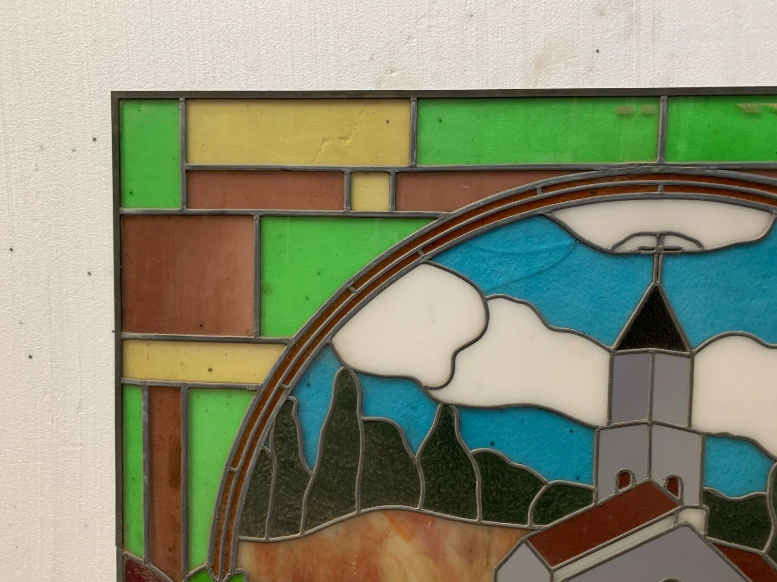 Art Deco Stained Glass Window Decorated With A Church Bell Tower 20th Century photo vinterior