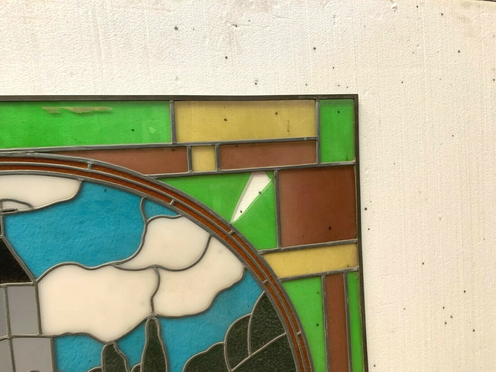 Art Deco Stained Glass Window Decorated With A Church Bell Tower 20th Century photo vintage