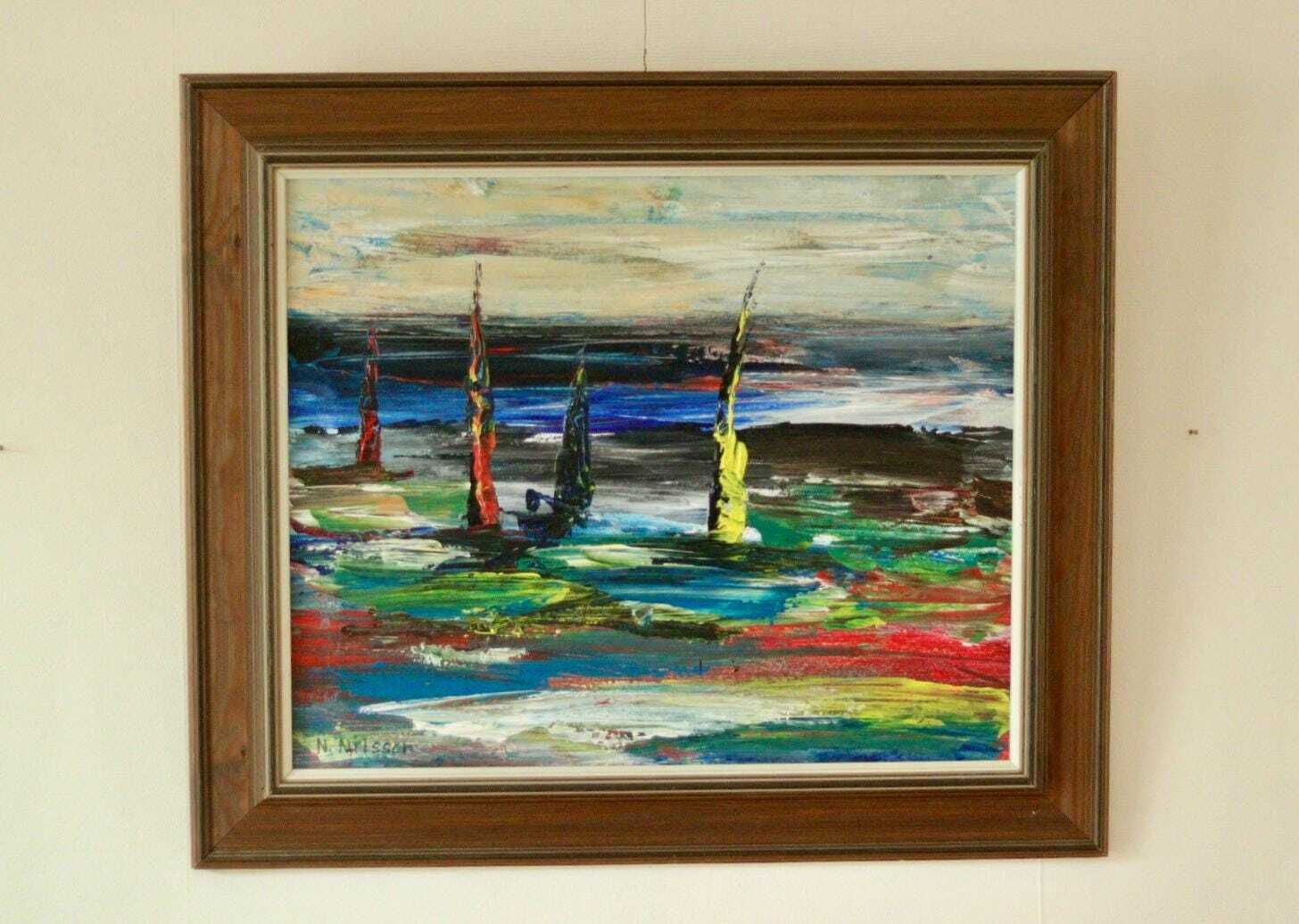 Original Mid Century Swedish Oil On Canvas Painting "östersund" By Nils Nilsson – Vintage & Framed | 58 × 49 Cm / 22.8 × 19.3 In photo for sale