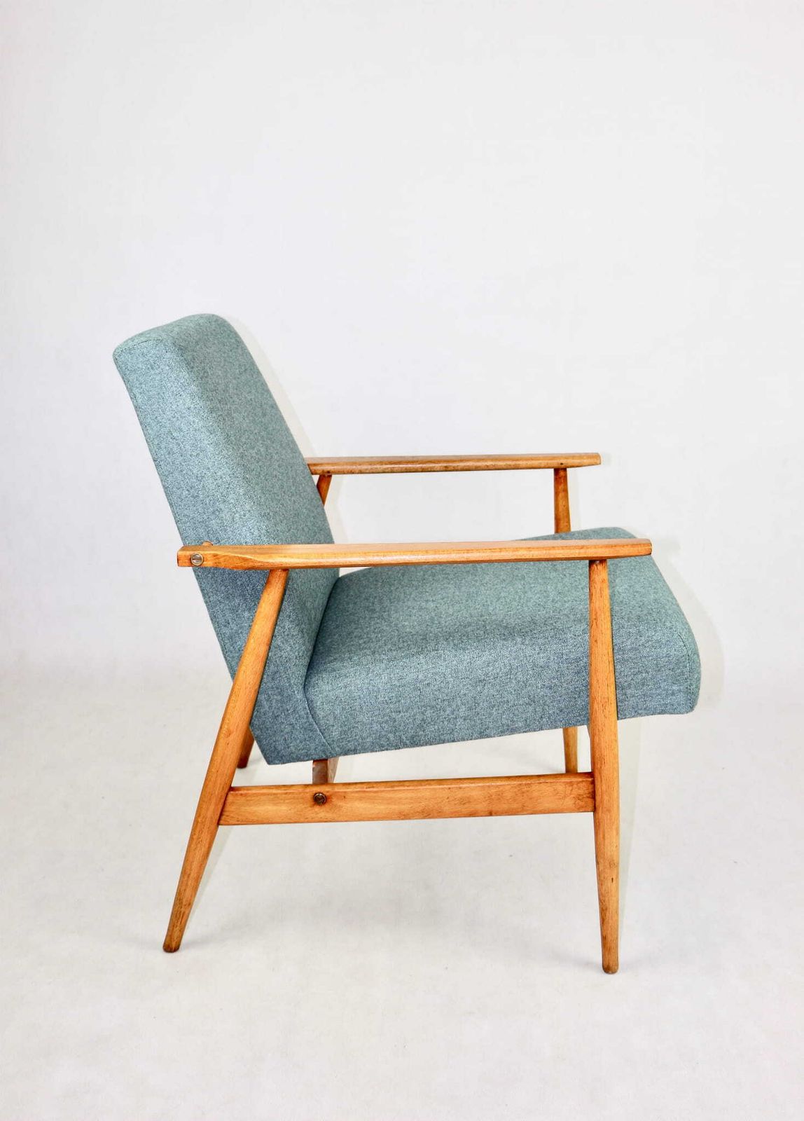 Armchair "Lis", 70s Turquoise Tweed Design Henryk Lis   Natural Beech Wood photo vinterior