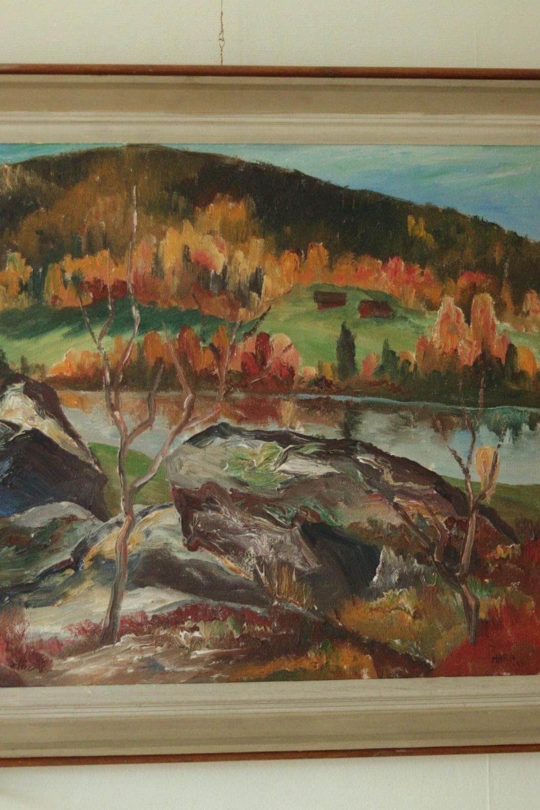 Original Mid Century Swedish Oil On Canvas Painting "Autumn Day Järvsö" – Vintage & Framed | 73 × 62 Cm / 28.7 × 24.4 I photo Art