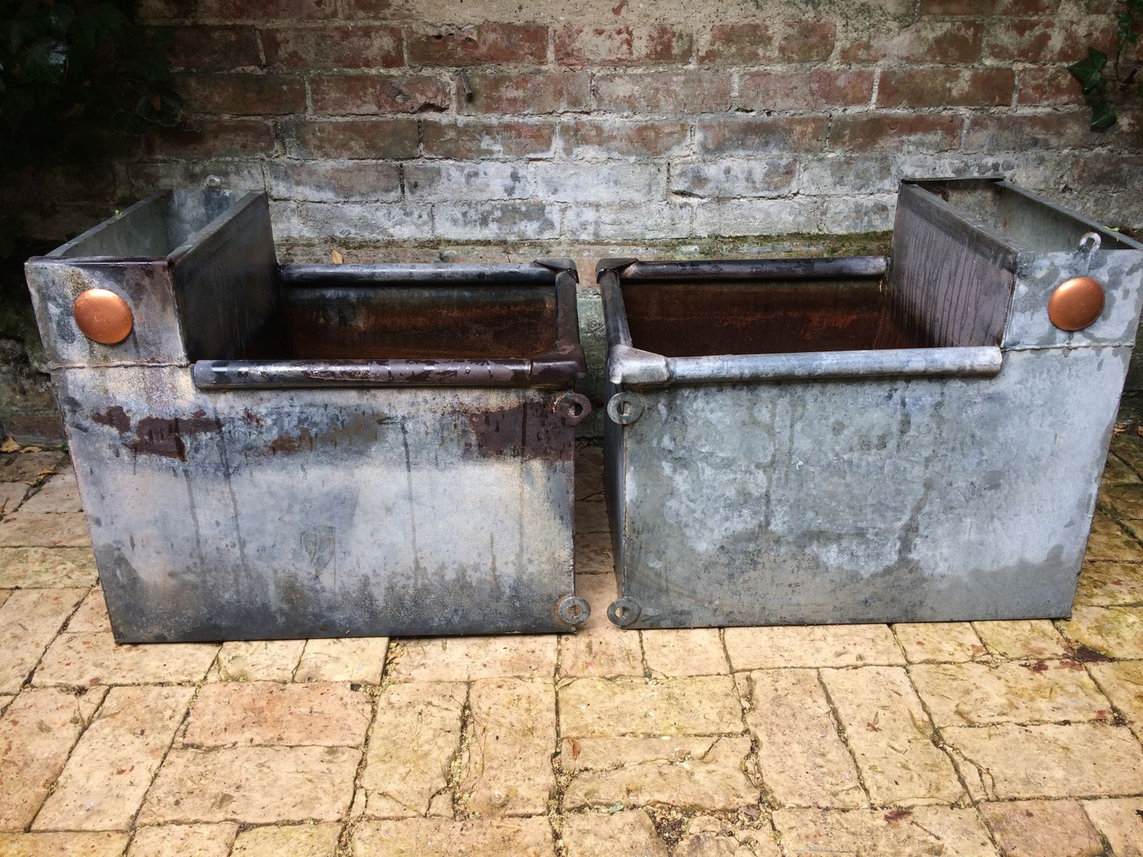 photo for sale Pair Of Vintage Galvanized Water Trough Planters