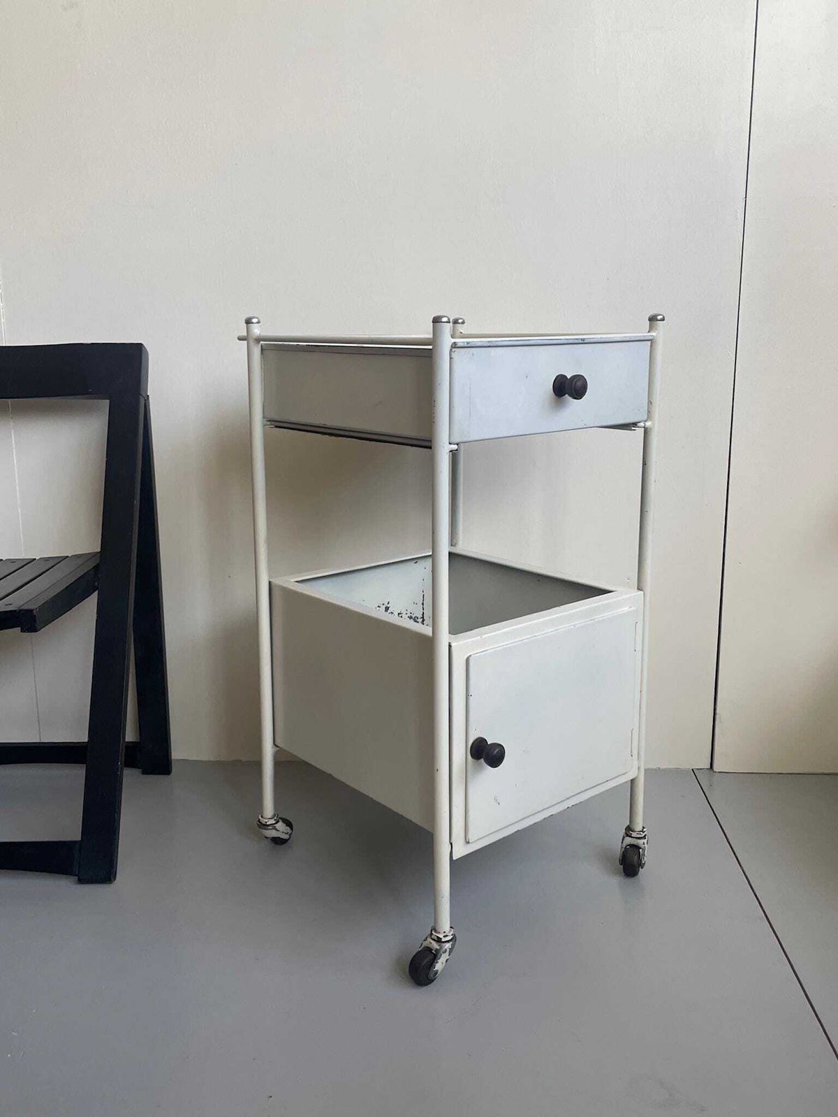 Vintage Medical Dental Metal Industrial Storage Cabinet Trolley On Wheels photo furniture