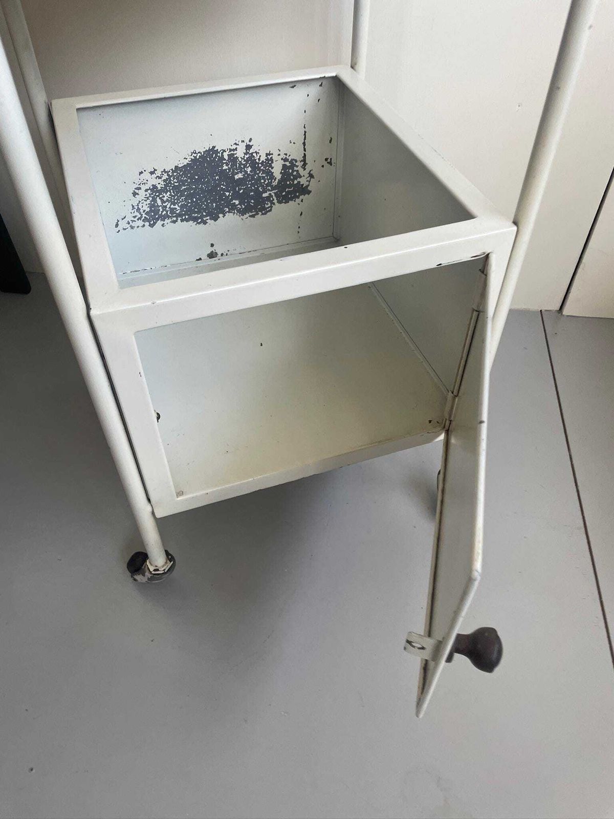 photo furniture Vintage Medical Dental Metal Industrial Storage Cabinet Trolley On Wheels