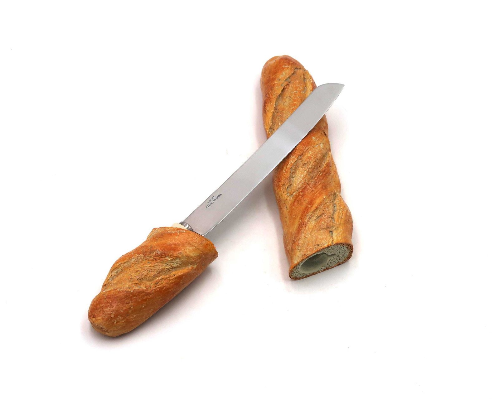 French Bread Knife " Baguette " Wood And Stainless Steel By Portico, Trompe L'oeil, Vintage / Petit Dejeuner, Brunch, Boulangerie photo for sale