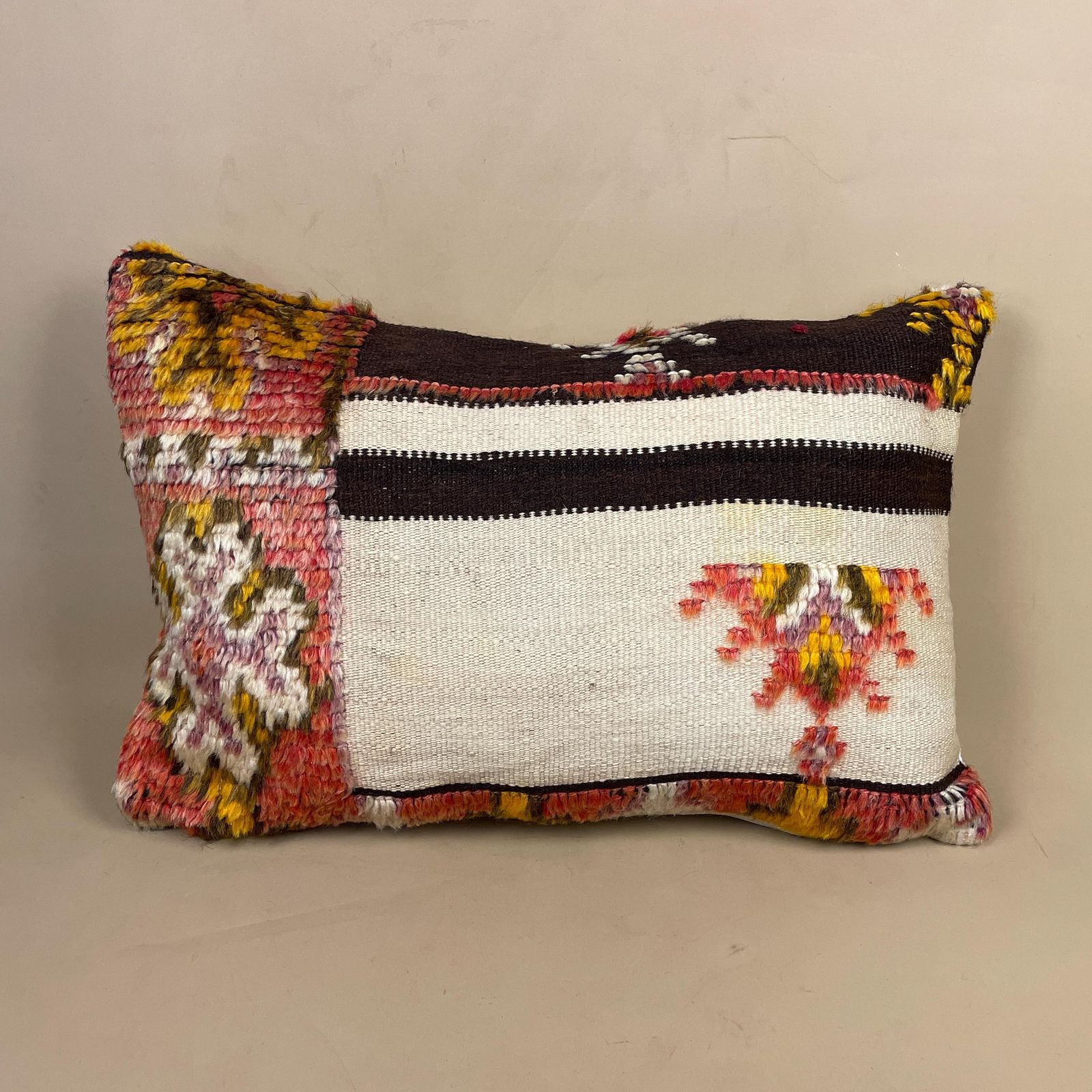 Moroccan Berber Kilim Blend Cushion Carpet Pillow Feather Handmade 55x35cm Beige Red Abstract Feather Filled Handwoven Traditional Rectangle photo for sale