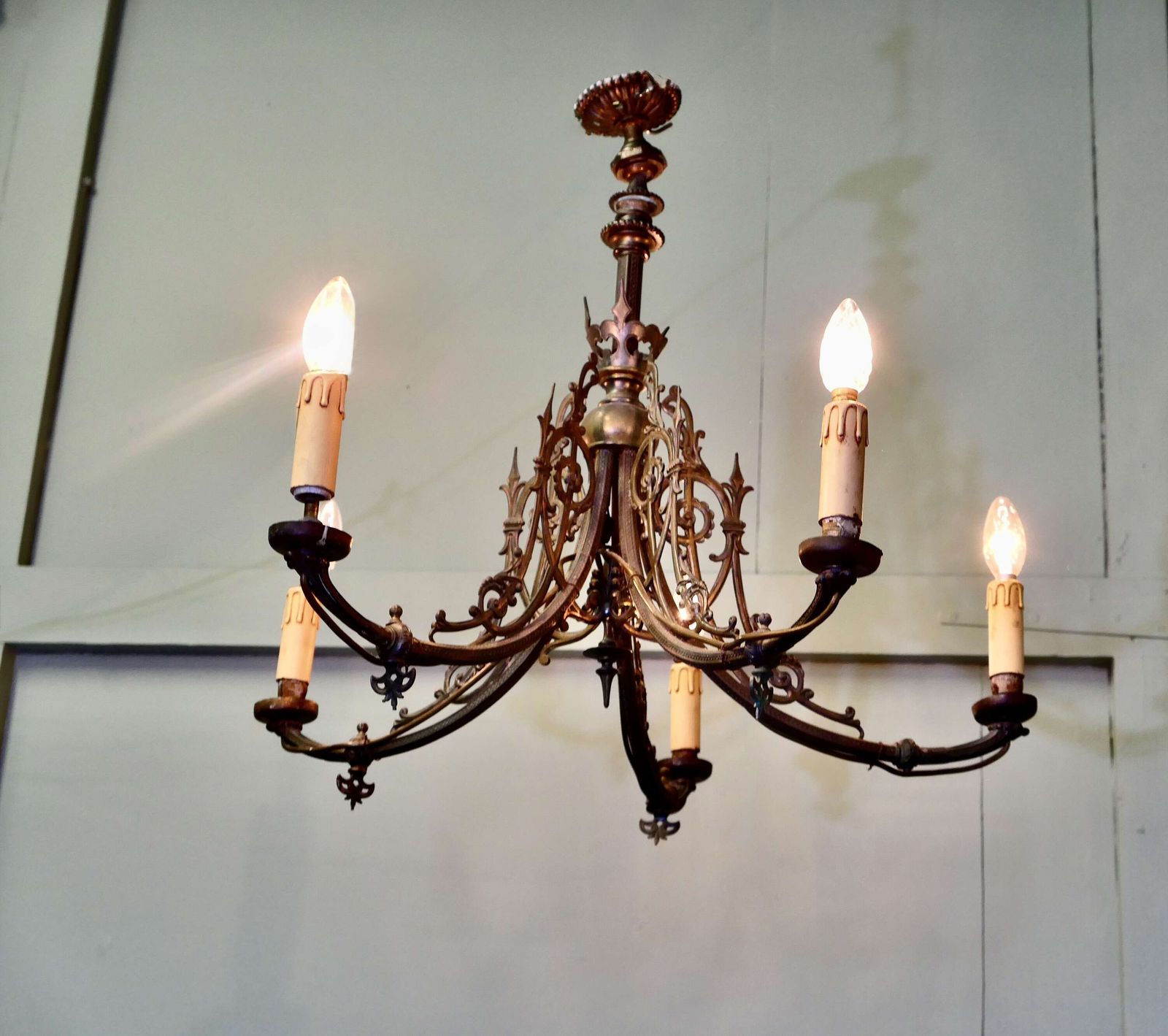 Gothic Gilded Brass 5 Branch Chandelier photo furniture