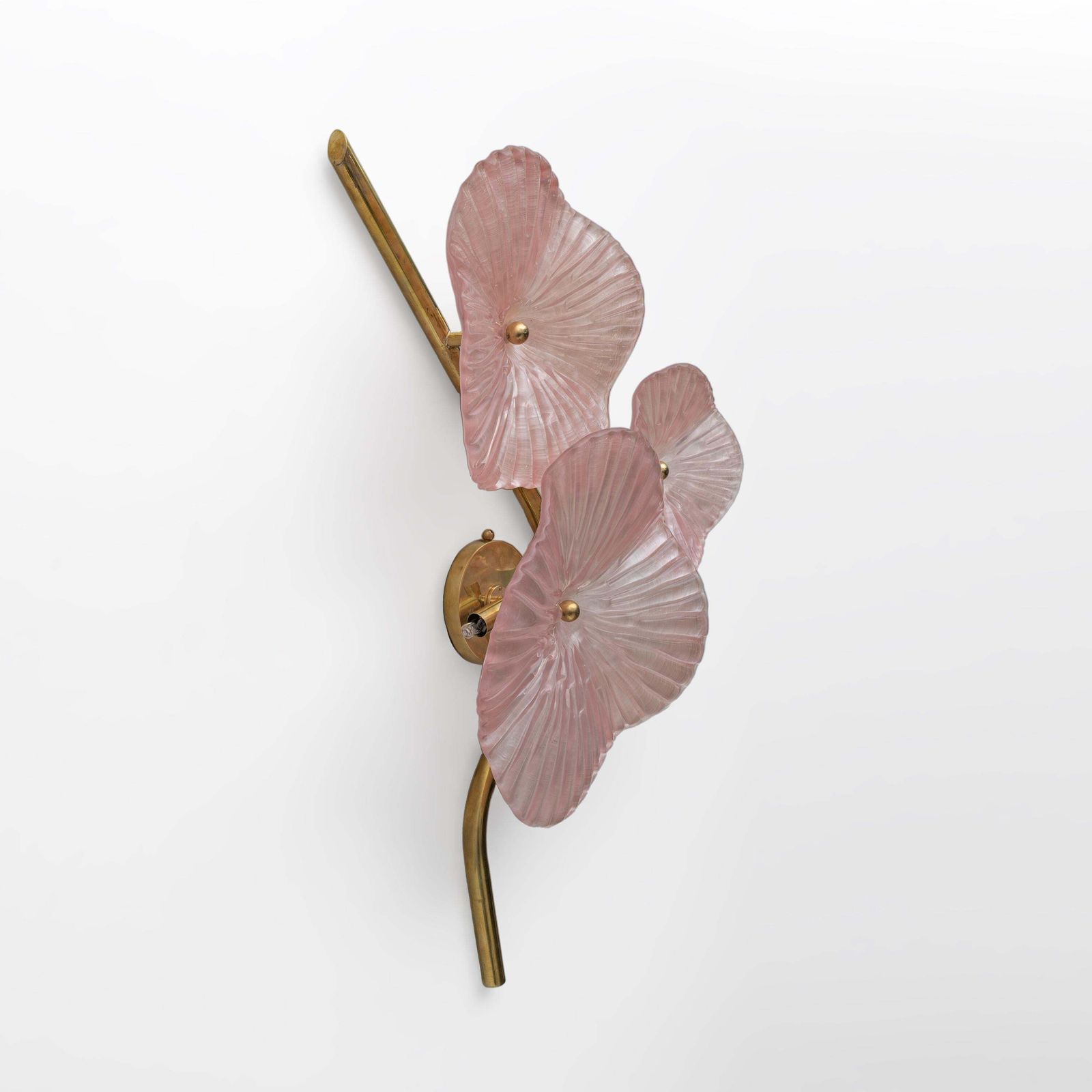 Pair Of Modern Murano Artistic Glass Pearly Pink And Brass Sconces photo vinterior