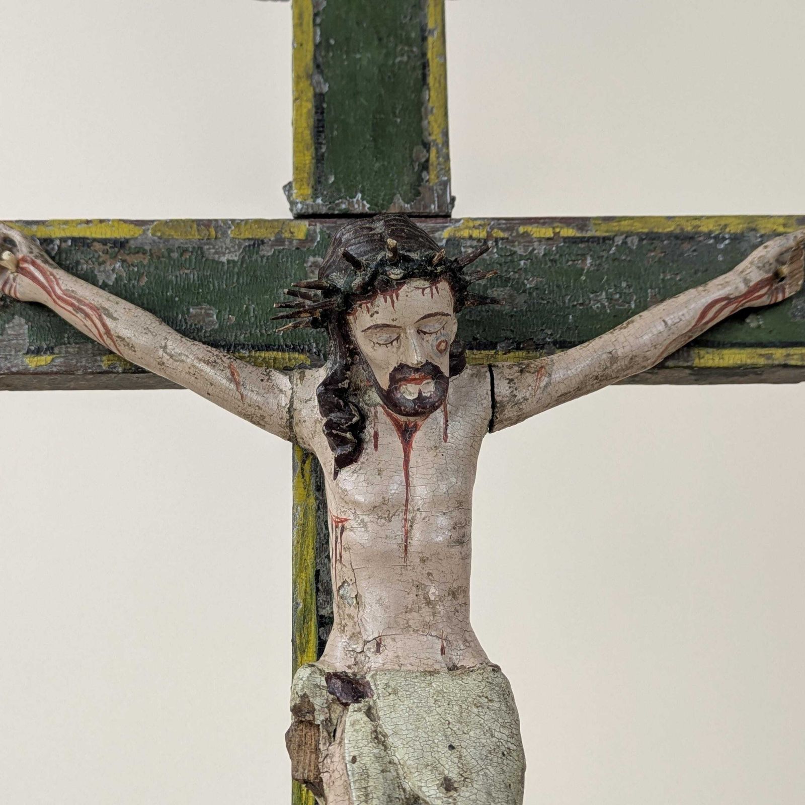 Antique 18th Century Hand Carved Polychrome Wood Christ Crucifix Skull Crossbones Folk Art Religious Sculpture Spanish Religious Decor photo furniture