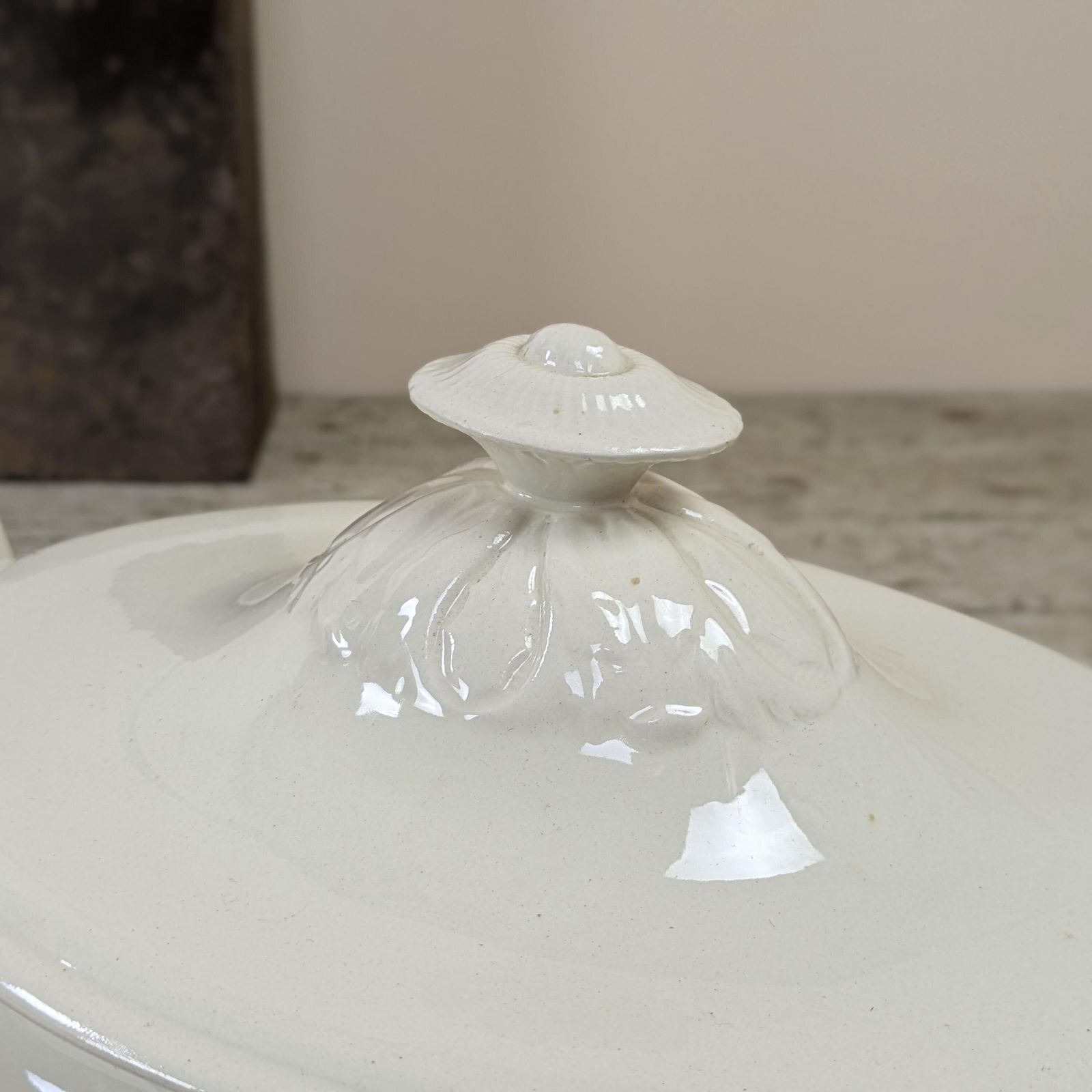 Antique French White Ironstone Tureen Elegant Neoclassical Design 19th Century Serving Dish Grand Farmhouse Decor Wabi Sabi photo vintage
