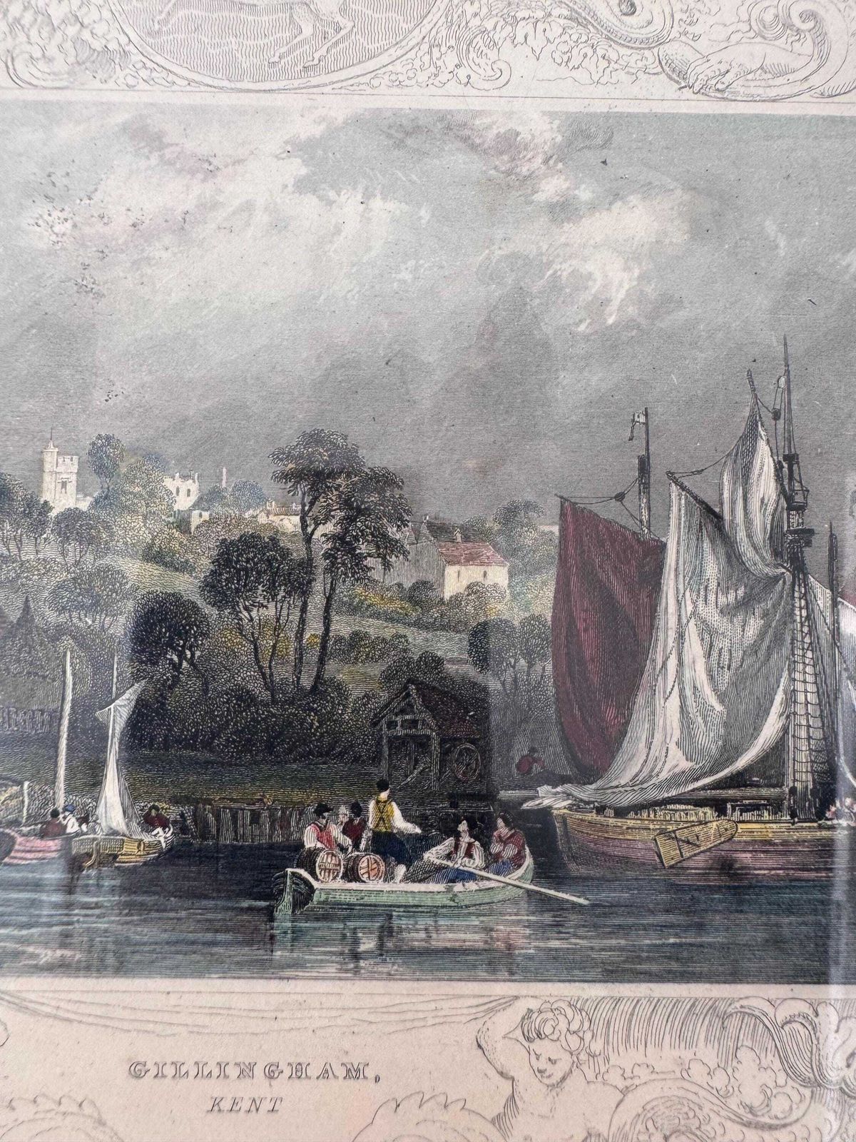 Framed Antique Engraving Gillingham, Kent, Antique English Landscape Print photo 50.0