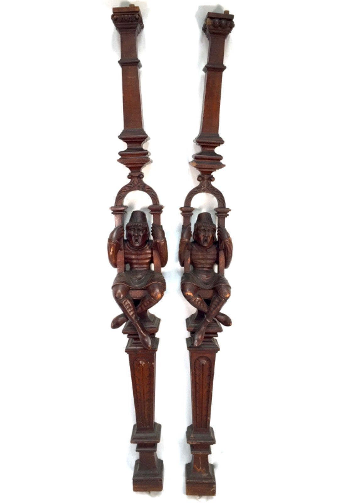 399.0 Antique French Hand Carved Wooden Pair Architectural Figures / Pillars / Columns photo