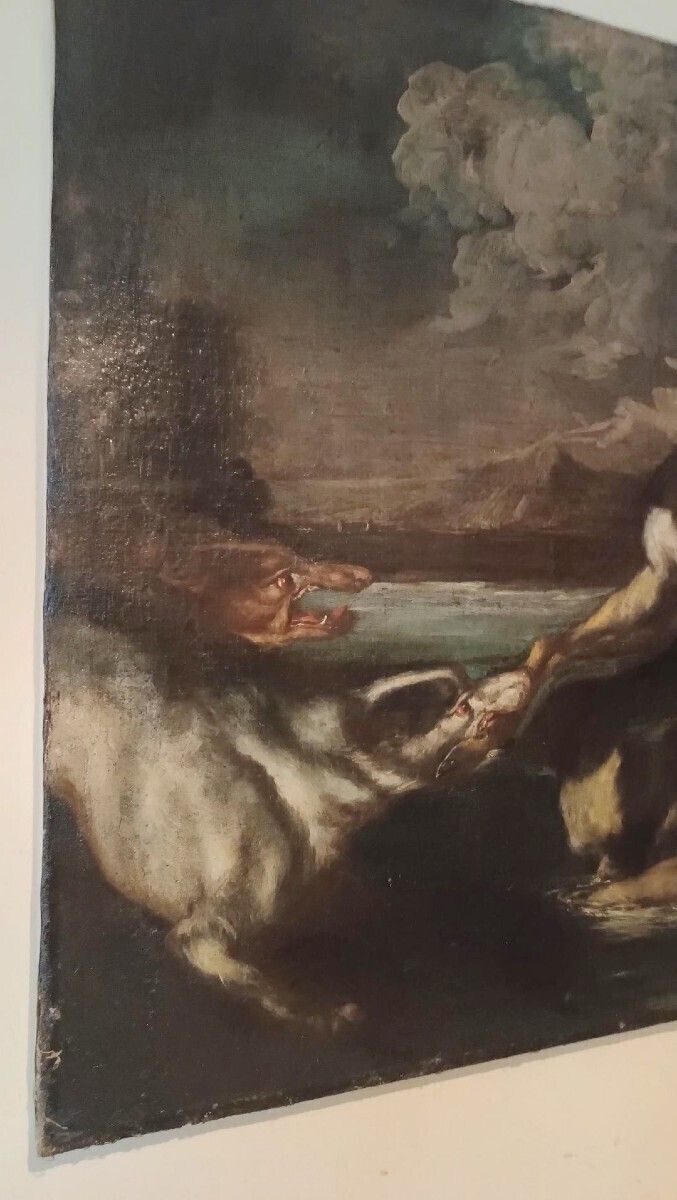 Hunting Scene   Antique Painting From The 17th Century Flemish School photo vintage