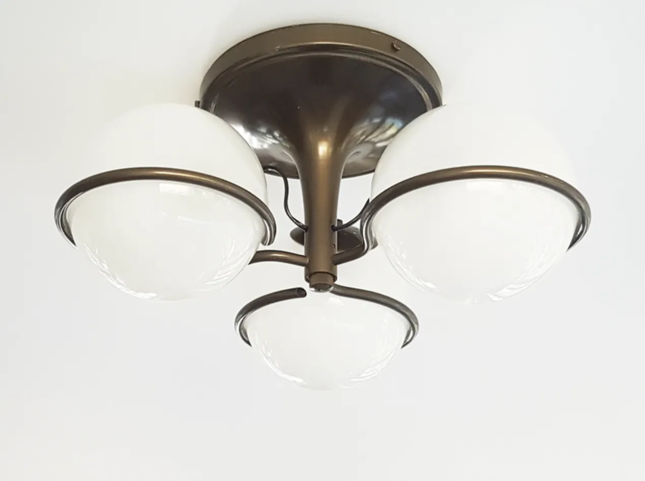 Brown And Bronze Metal 2042/3 Ceiling Lamp With Sandblasted Glass Shades By Sarfatti For Arteluce, 1963