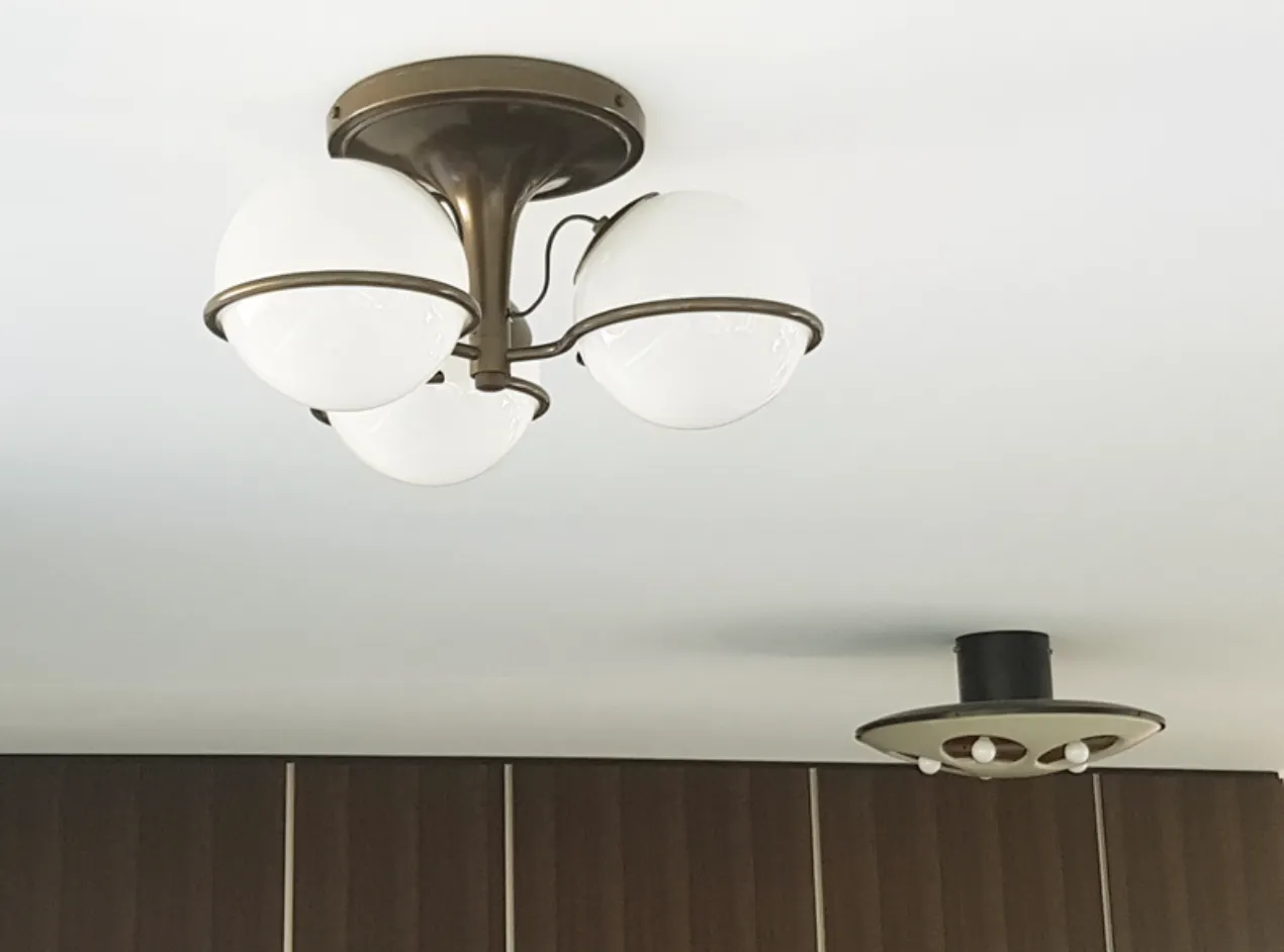 Brown And Bronze Metal 2042/3 Ceiling Lamp With Sandblasted Glass Shades By Sarfatti For Arteluce, 1963 photo Lighting