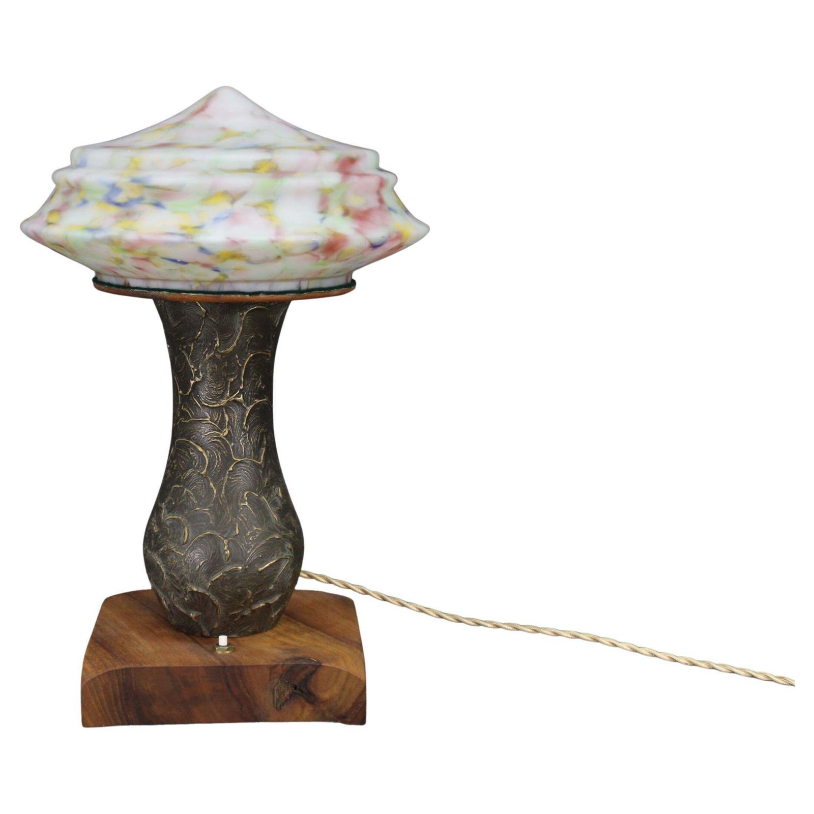 1940s Restored Brass Table Lamp With Wooden Base And Glass Shade
