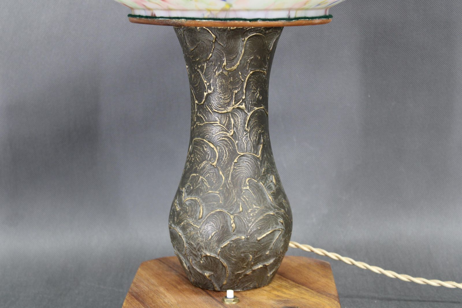 1940s Restored Brass Table Lamp With Wooden Base And Glass Shade photo for sale