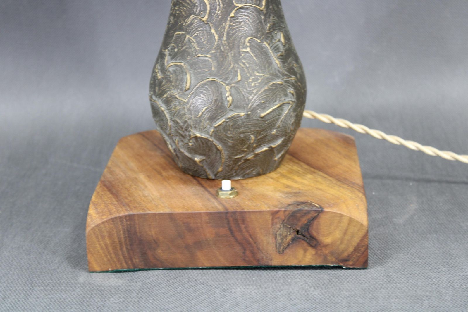 1940s Restored Brass Table Lamp With Wooden Base And Glass Shade photo Lighting