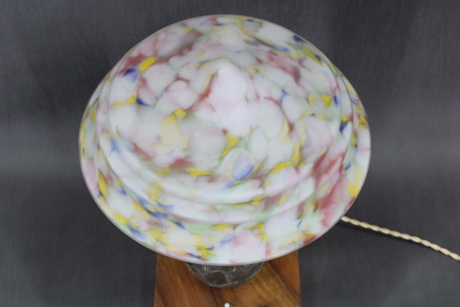 1940s Restored Brass Table Lamp With Wooden Base And Glass Shade photo vinterior
