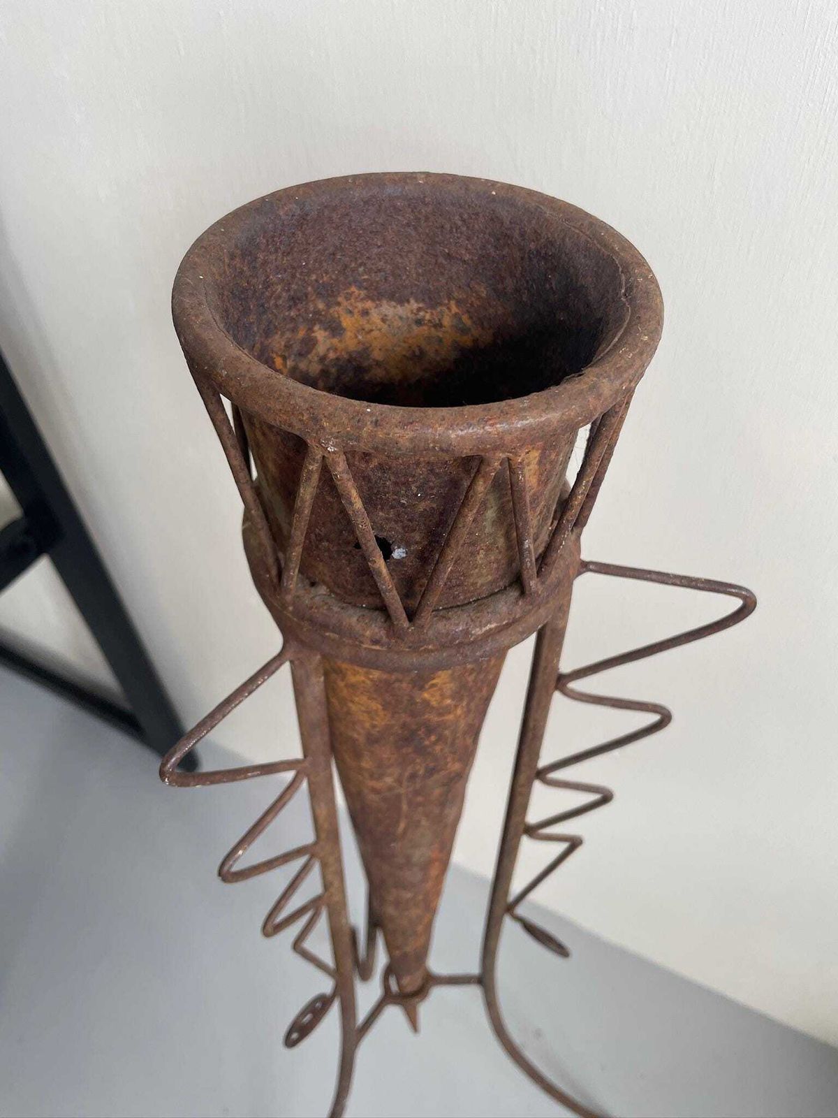 Beautifully Rusted Metalwork Garden Or Indoor Ornament Stand And Large Vase For Dried Flowers photo vintage