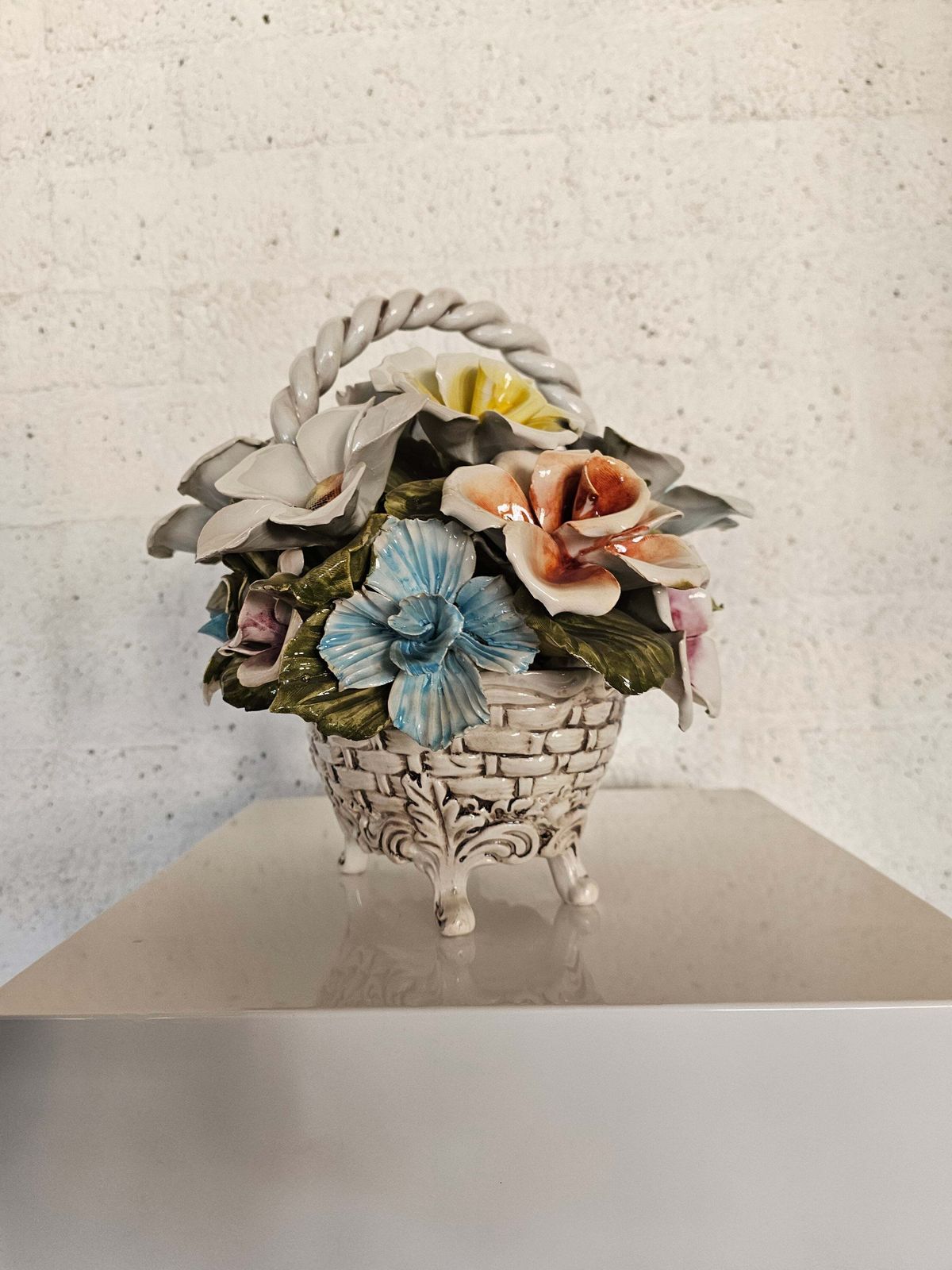 photo for sale Bassano Ceramics Basket With Flowers, Italy 1950s