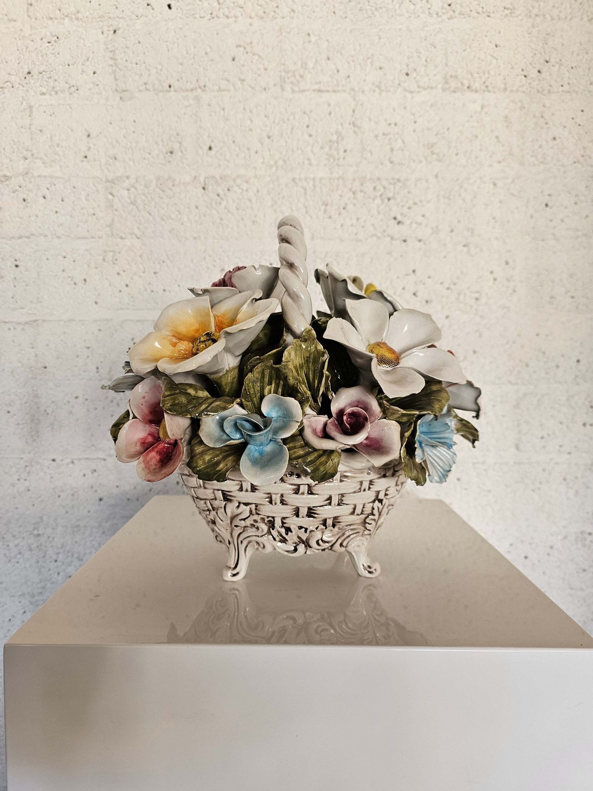 422.0 Bassano Ceramics Basket With Flowers, Italy 1950s photo