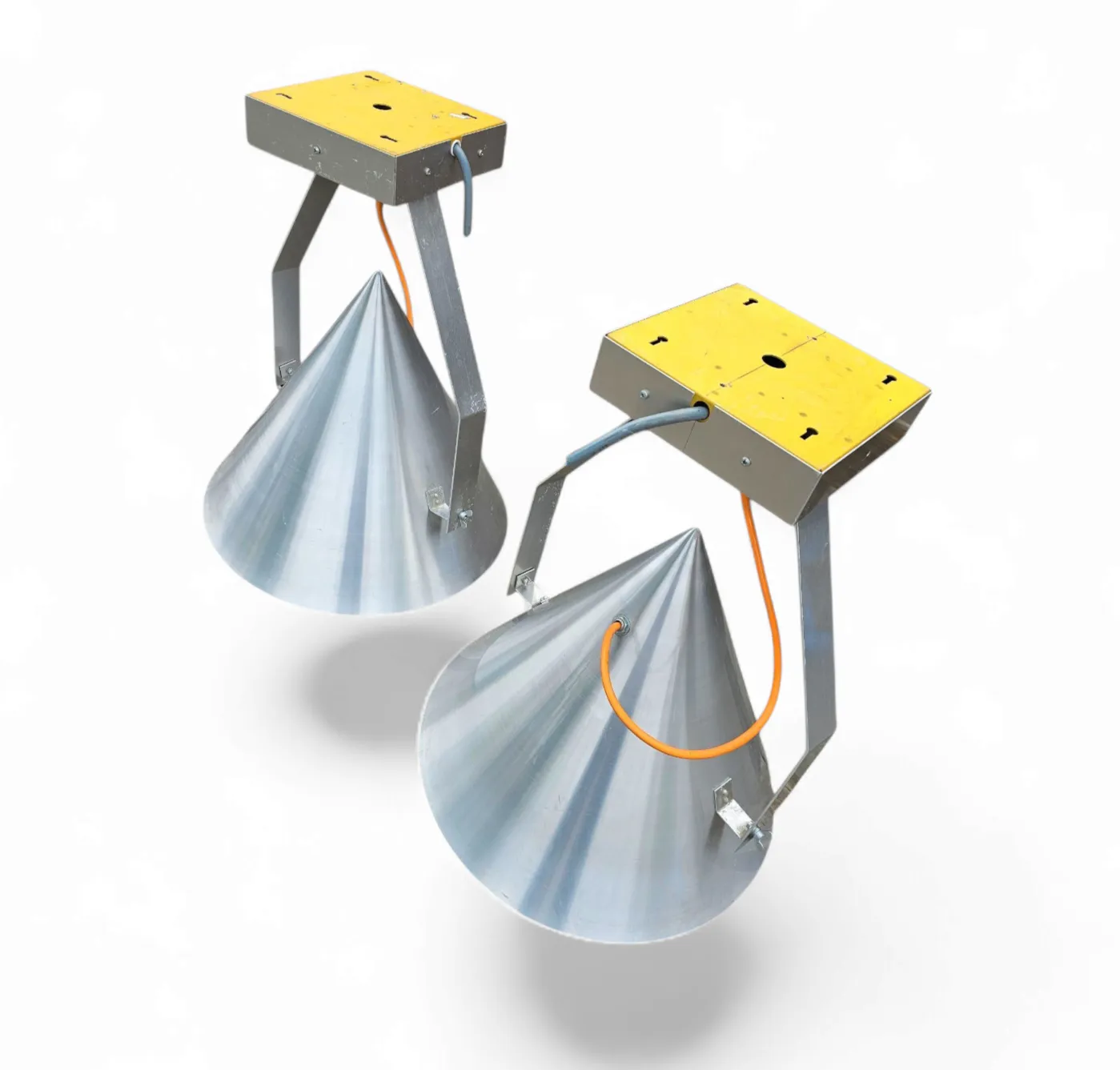 A Pair Of Modern / Aluminum / Large / Conical / Industrial Style Lamps / Designed For Ceiling Or Wall
