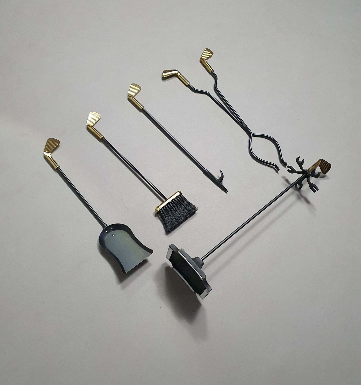 Vintage Set Of Five Brass Fireplace Tools In Golf Themed Clubs, France Circa 1950's photo 1161.0