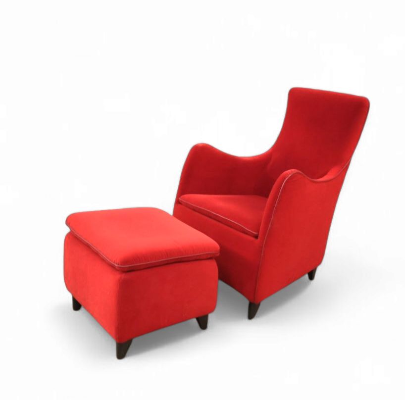 Senta Armchair / Hocker / Ottoman By Gerard Van Den Berg For Wittmann / Red Velvet Upholstery / Marked Stunning Condition
