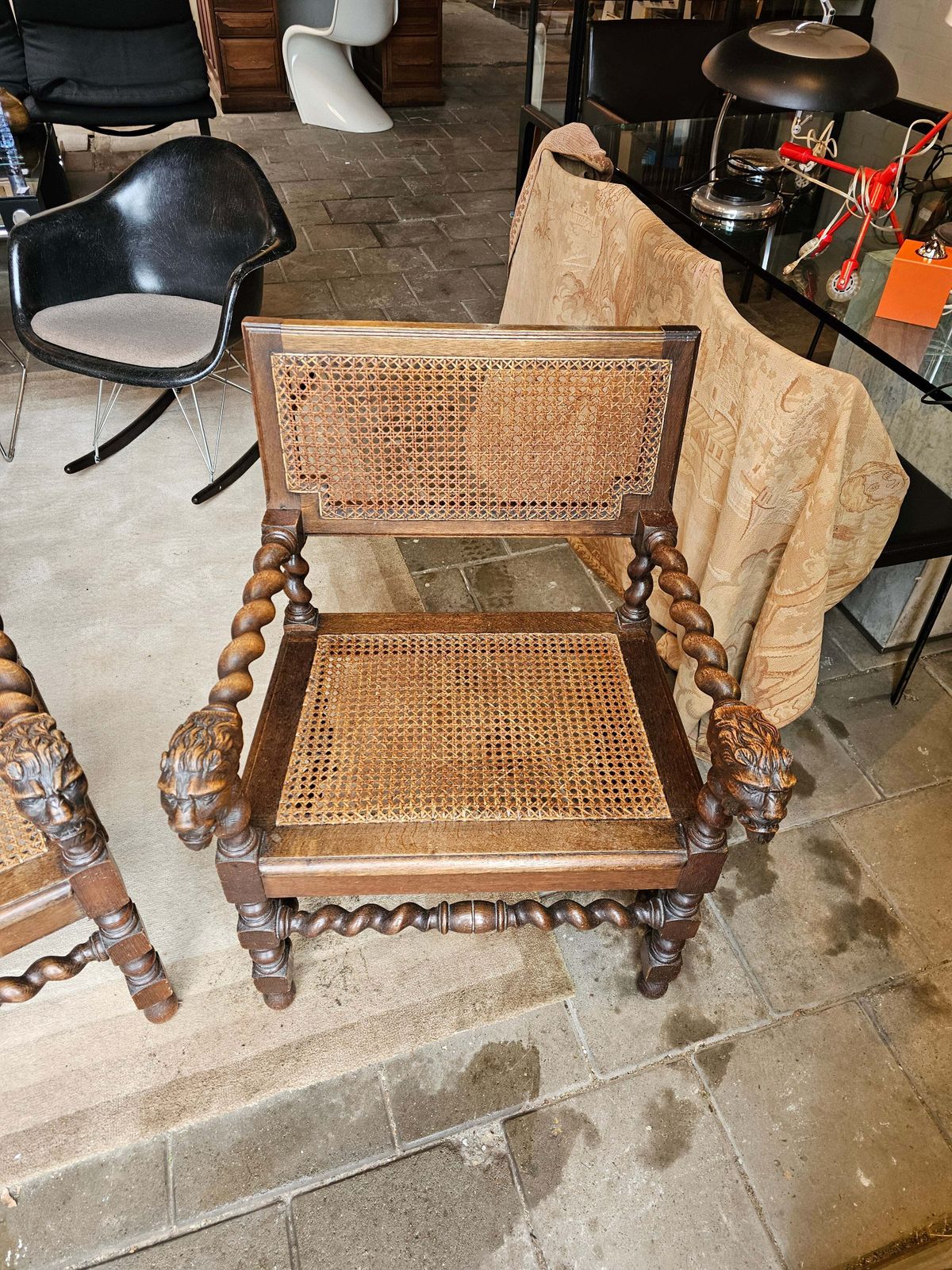 Furniture 2 X Jacobean Lionel Head Armchairs Oak Wood / Webbing Early 20th Century photo