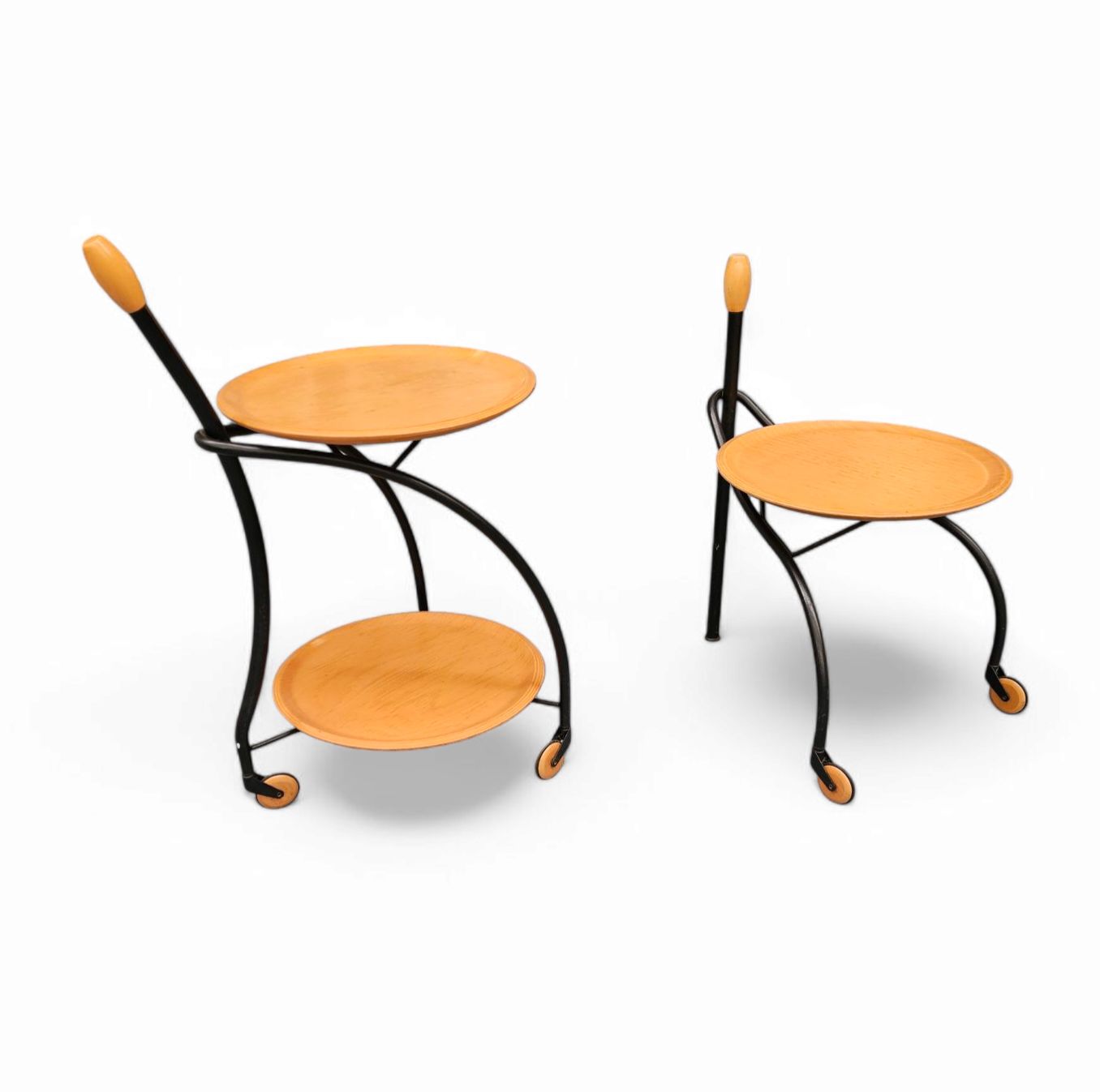 Matching Set / 3 Wheel Design Serving Trolleys / Side Tables In Steel & Beech By Bonaldo Italy 1990s