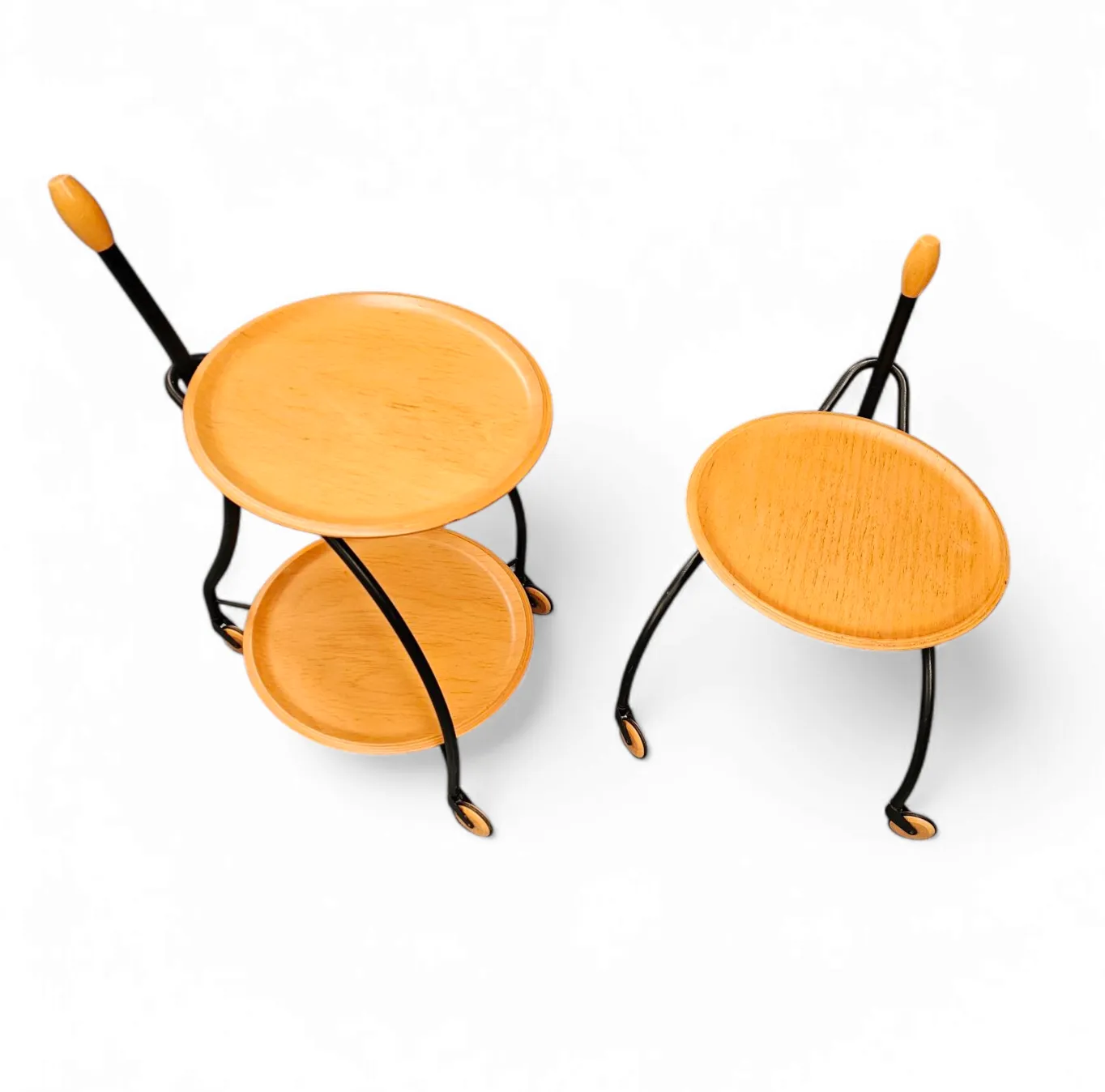 Matching Set / 3 Wheel Design Serving Trolleys / Side Tables In Steel & Beech By Bonaldo Italy 1990s photo furniture