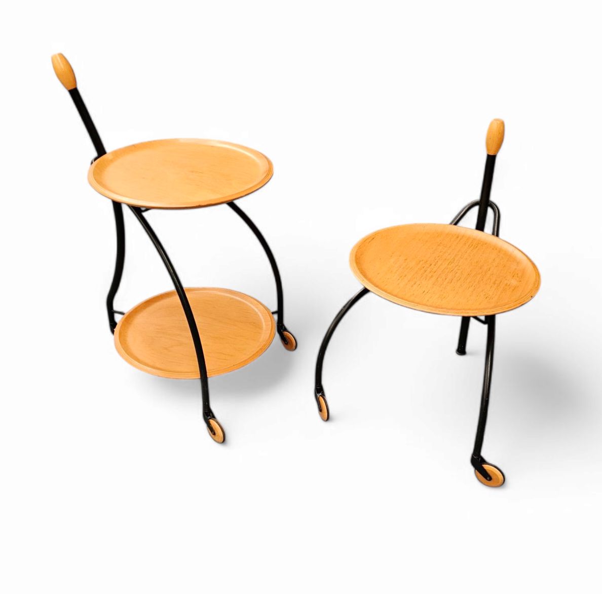 Matching Set / 3 Wheel Design Serving Trolleys / Side Tables In Steel & Beech By Bonaldo Italy 1990s photo for sale