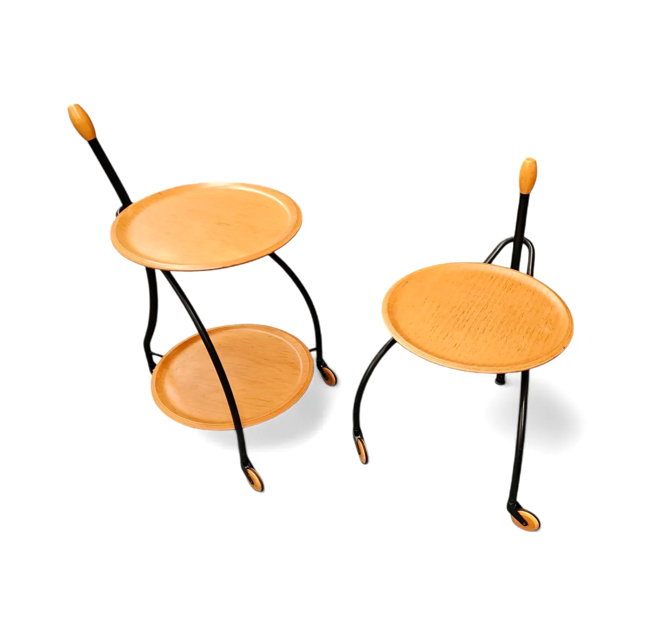 Matching Set / 3 Wheel Design Serving Trolleys / Side Tables In Steel & Beech By Bonaldo Italy 1990s photo vintage