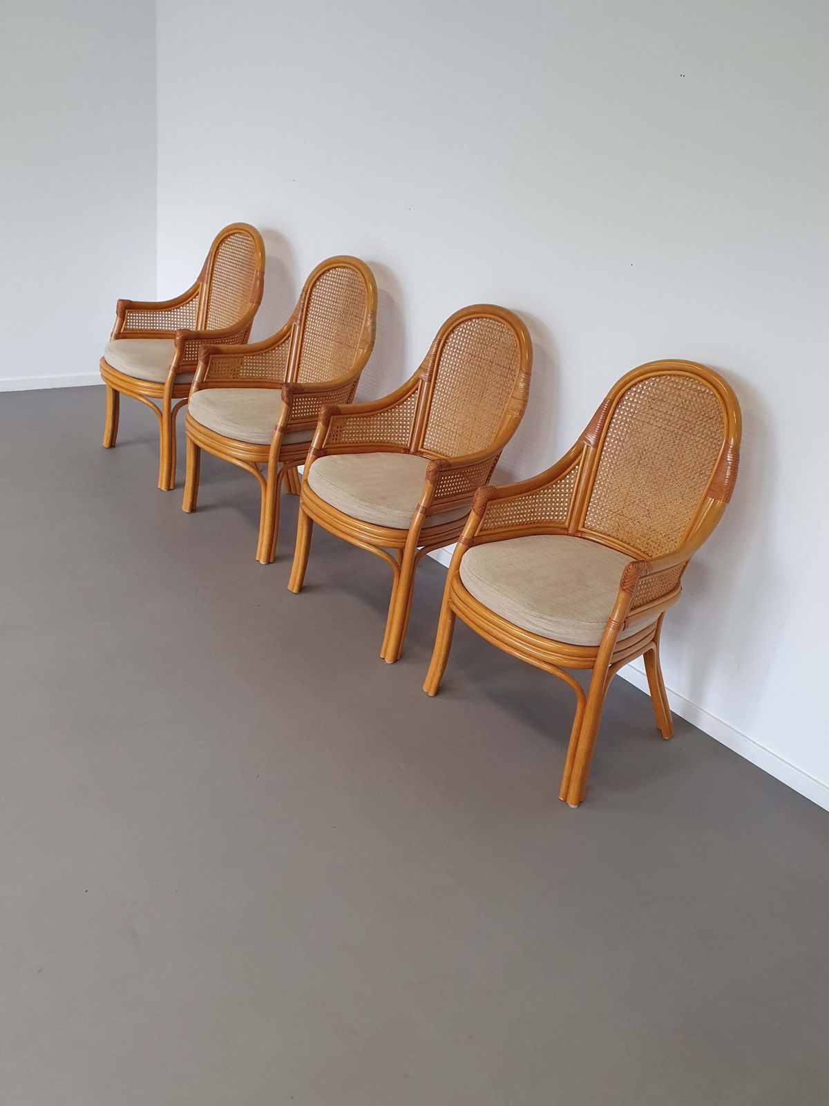 4 X Rattan /Webbing Dining Chairs 80s In Beautiful Condition