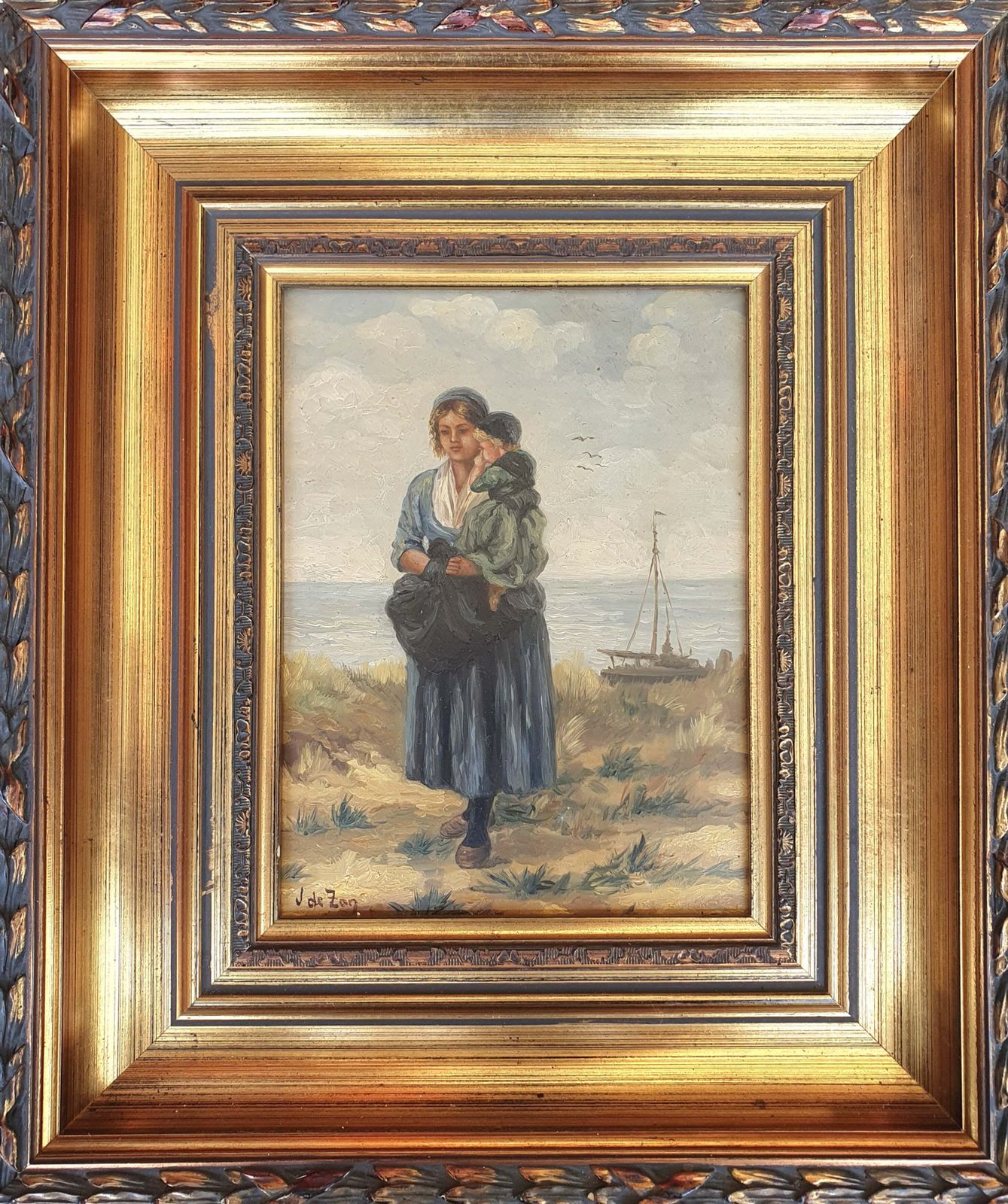 2 X Mother And Child In The Dunes, Signed / J. De Zon (Lower Left ) / Oil On Wood