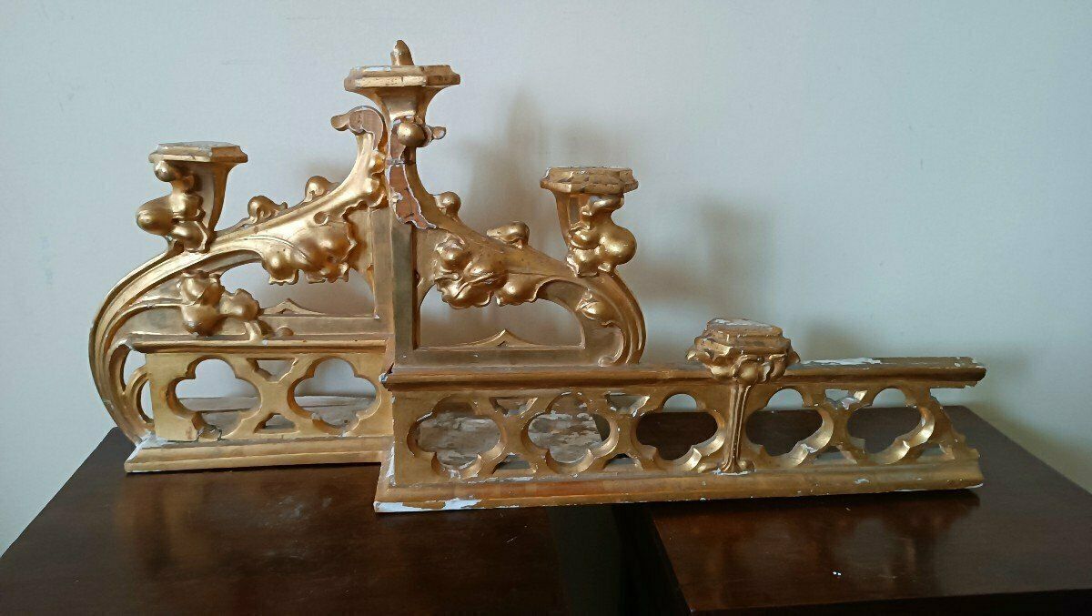 Triptych Neo Gothic Altar Gilded Wood Candlesticks photo for sale